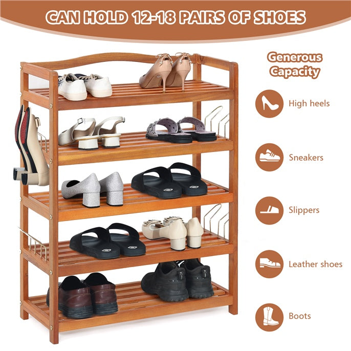 3-Tier Acacia Wood Shoe Rack with Side Metal Hooks