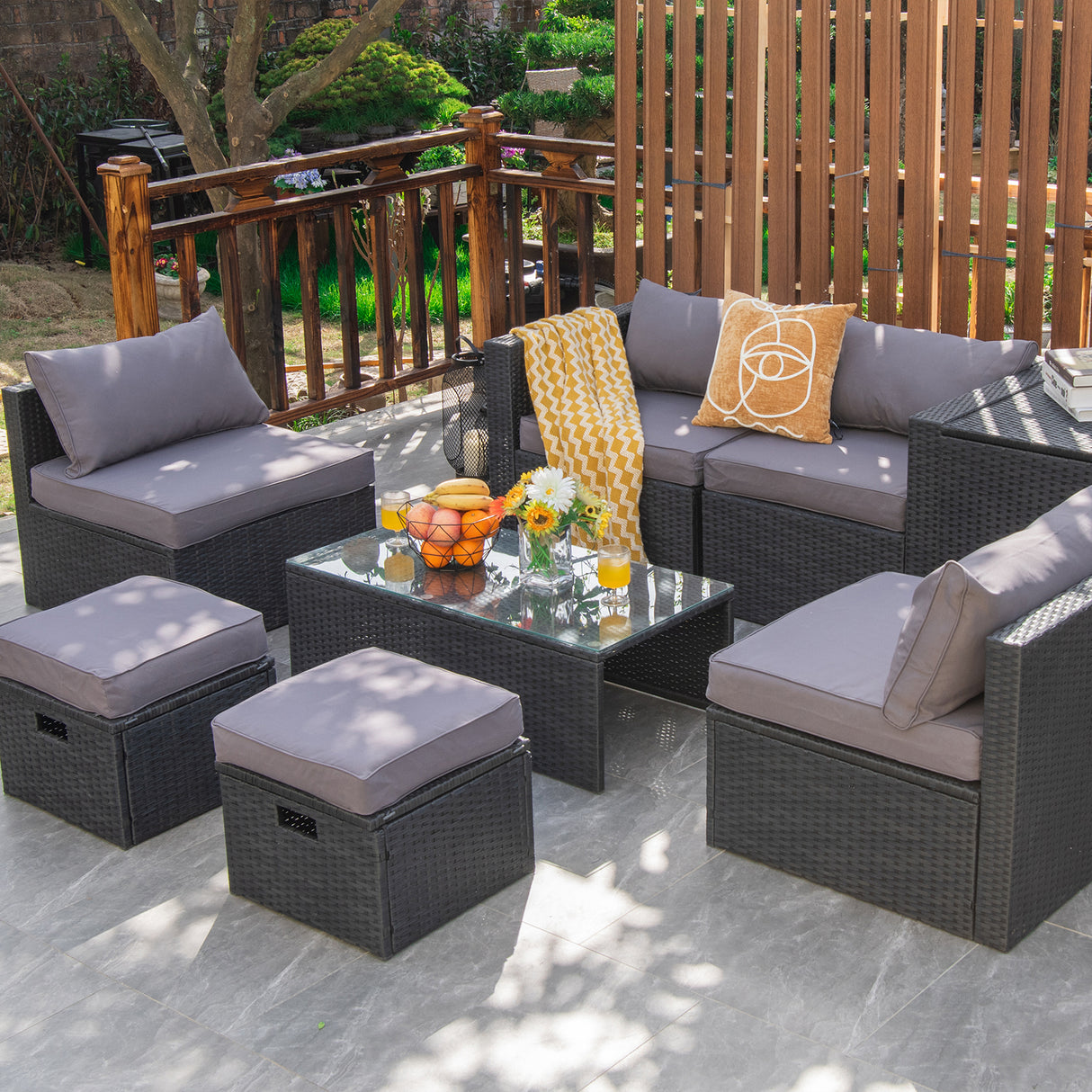 8 Pieces Patio Rattan Storage Table Furniture Set