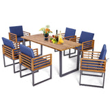 Outdoor Acacia Wood Patio Dining Chairs Set of 6 with Seat Back Cushions-Navy