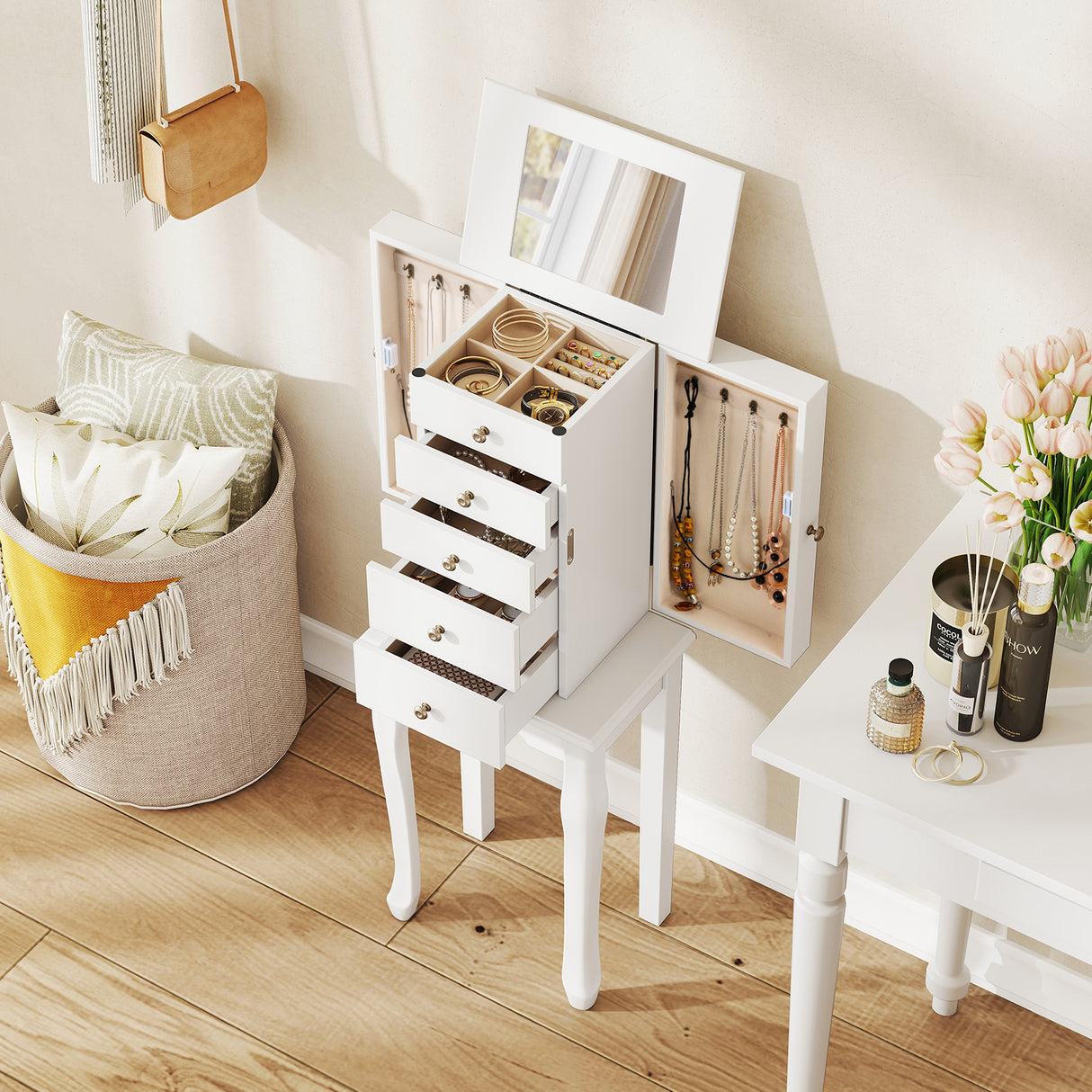 2 Colors Armoire Storage Standing Jewelry Cabinet with Mirror