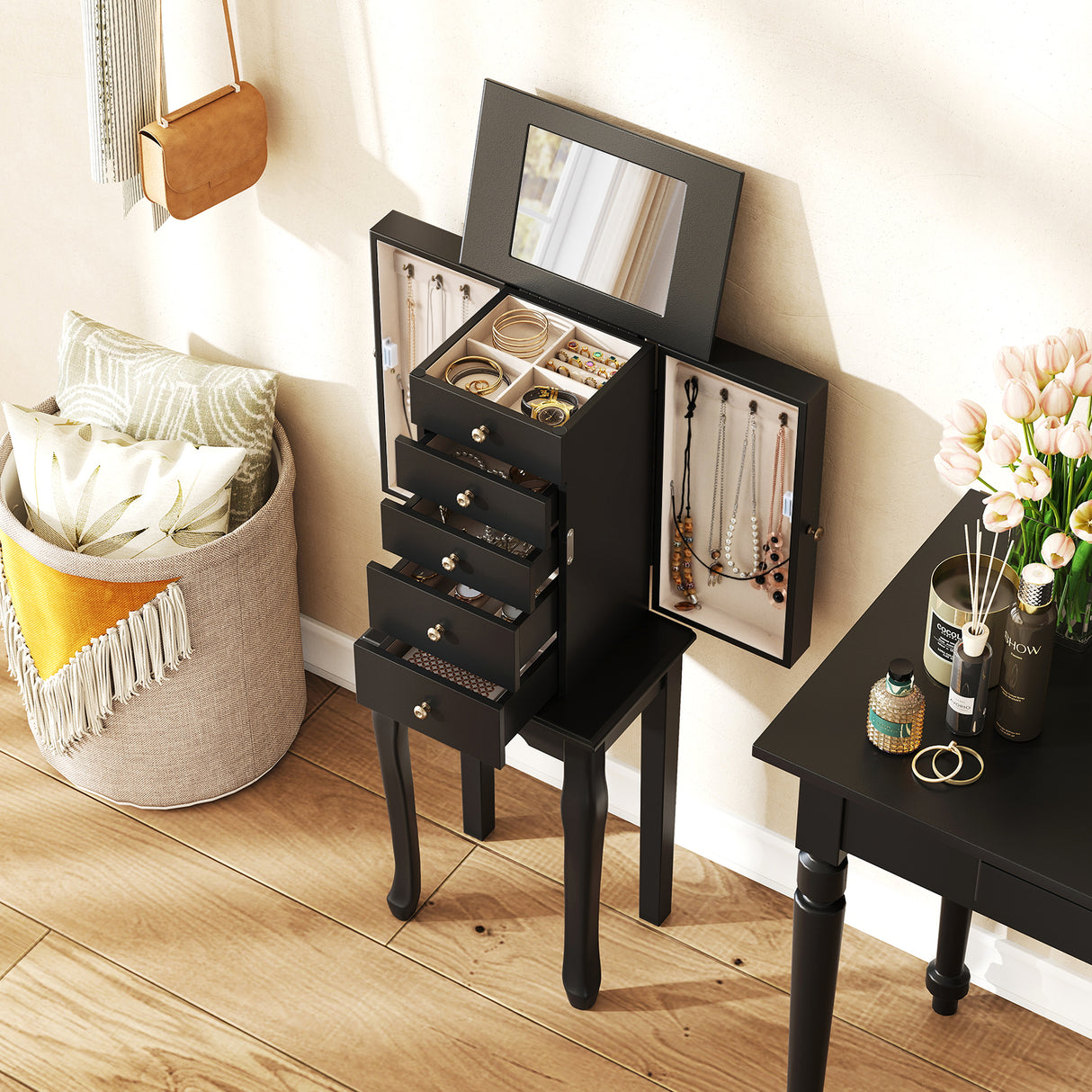 2 Colors Armoire Storage Standing Jewelry Cabinet with Mirror