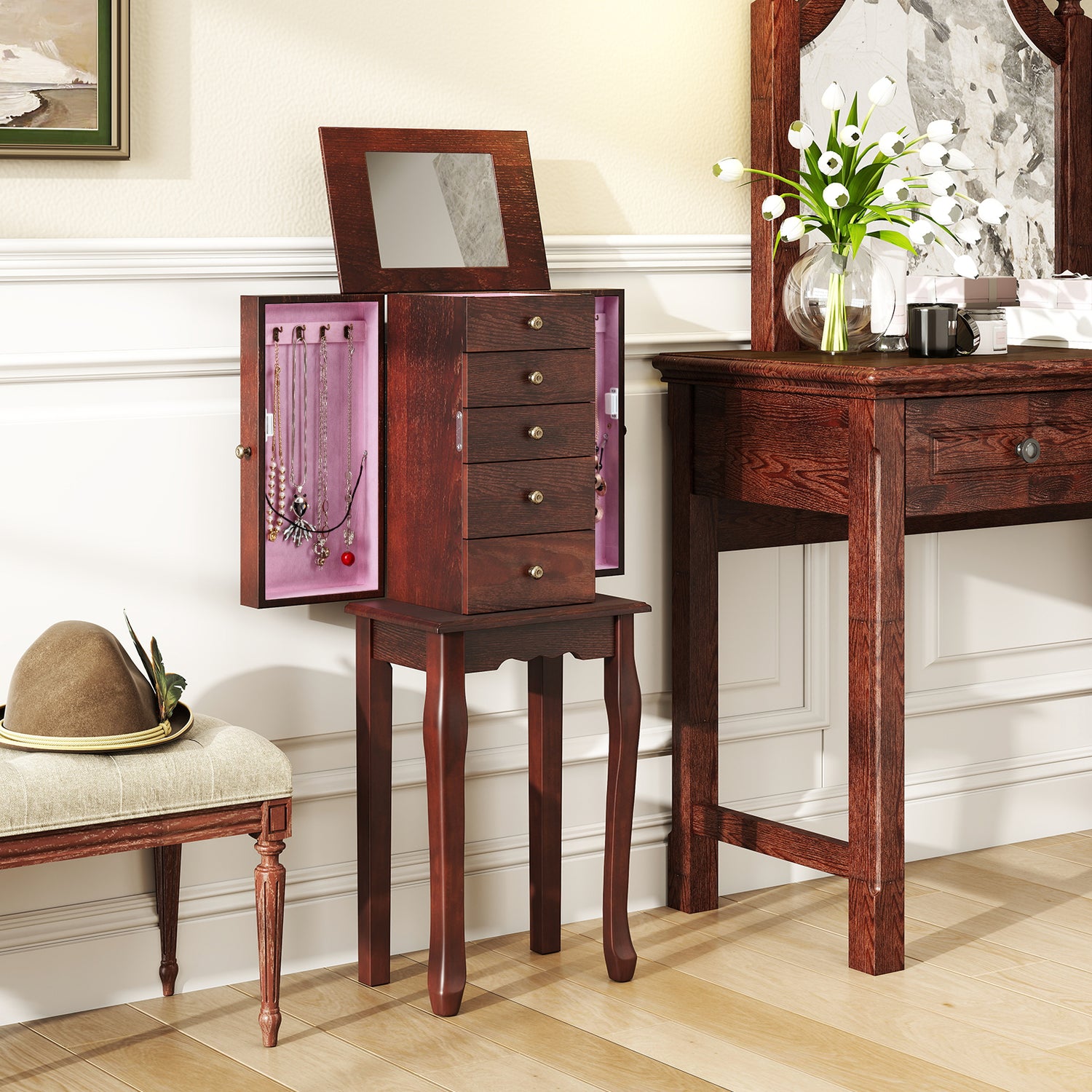 2 Colors Armoire Storage Standing Jewelry Cabinet with Mirror