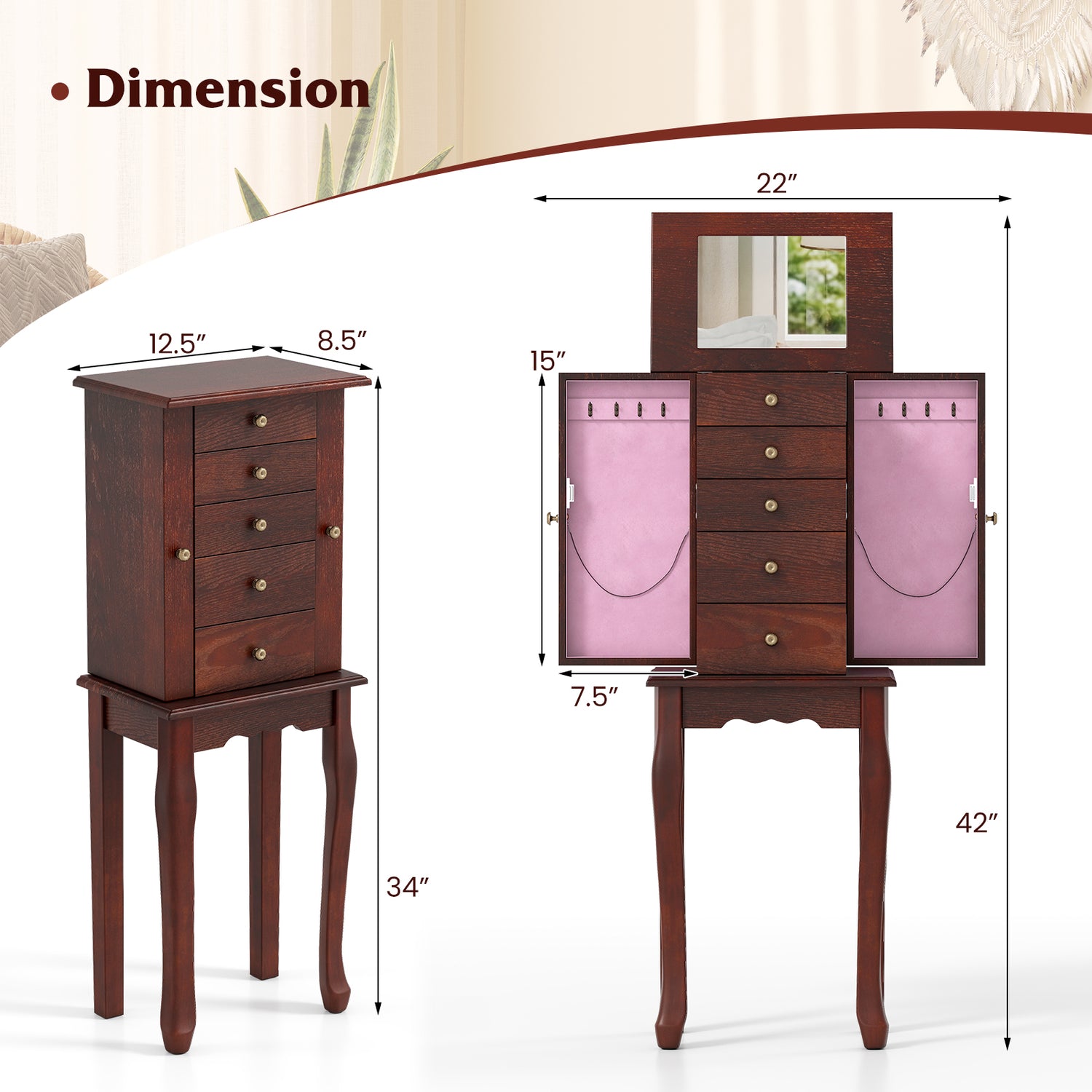 2 Colors Armoire Storage Standing Jewelry Cabinet with Mirror