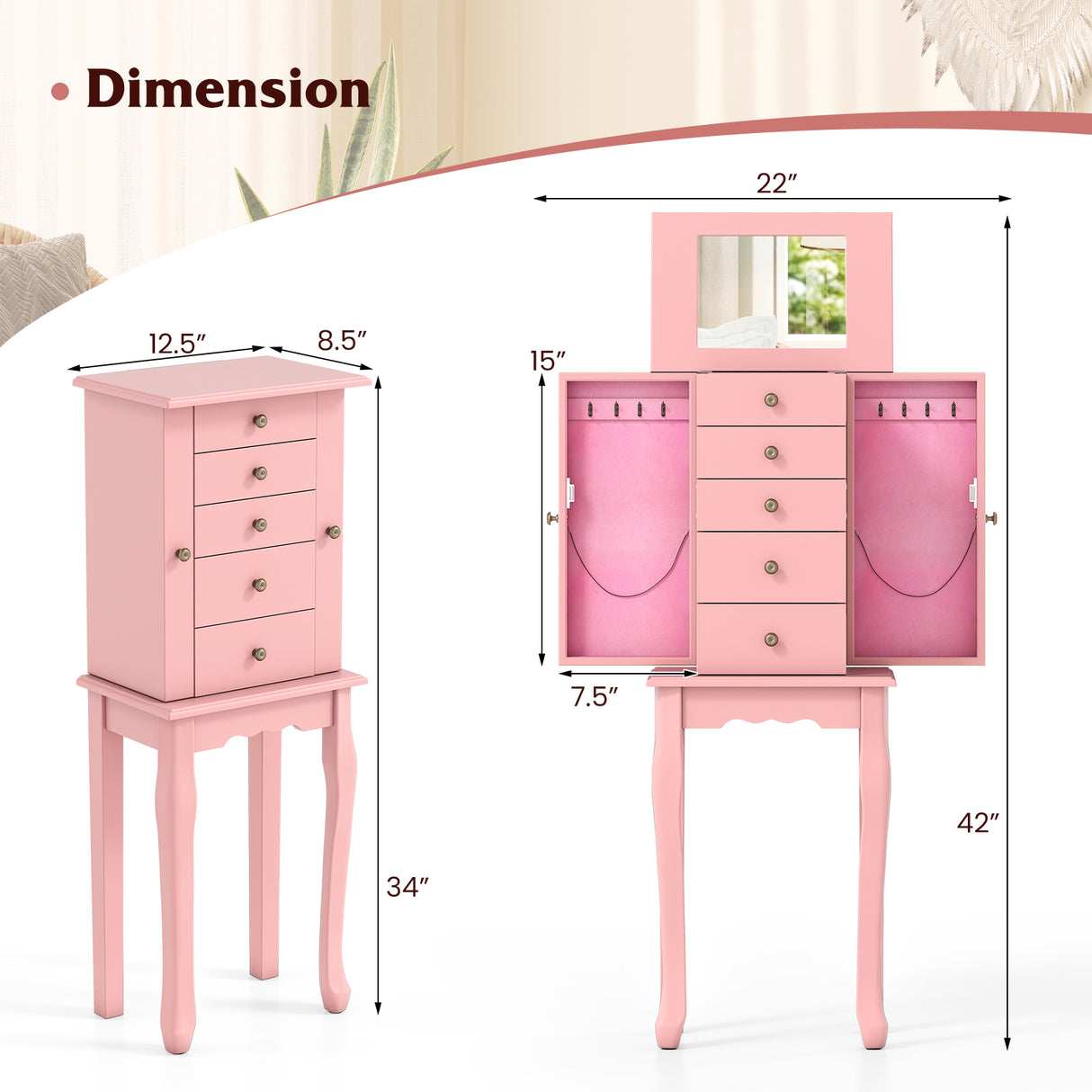 2 Colors Armoire Storage Standing Jewelry Cabinet with Mirror