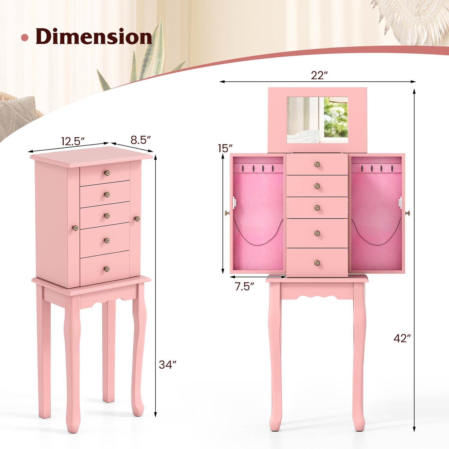 2 Colors Armoire Storage Standing Jewelry Cabinet with Mirror