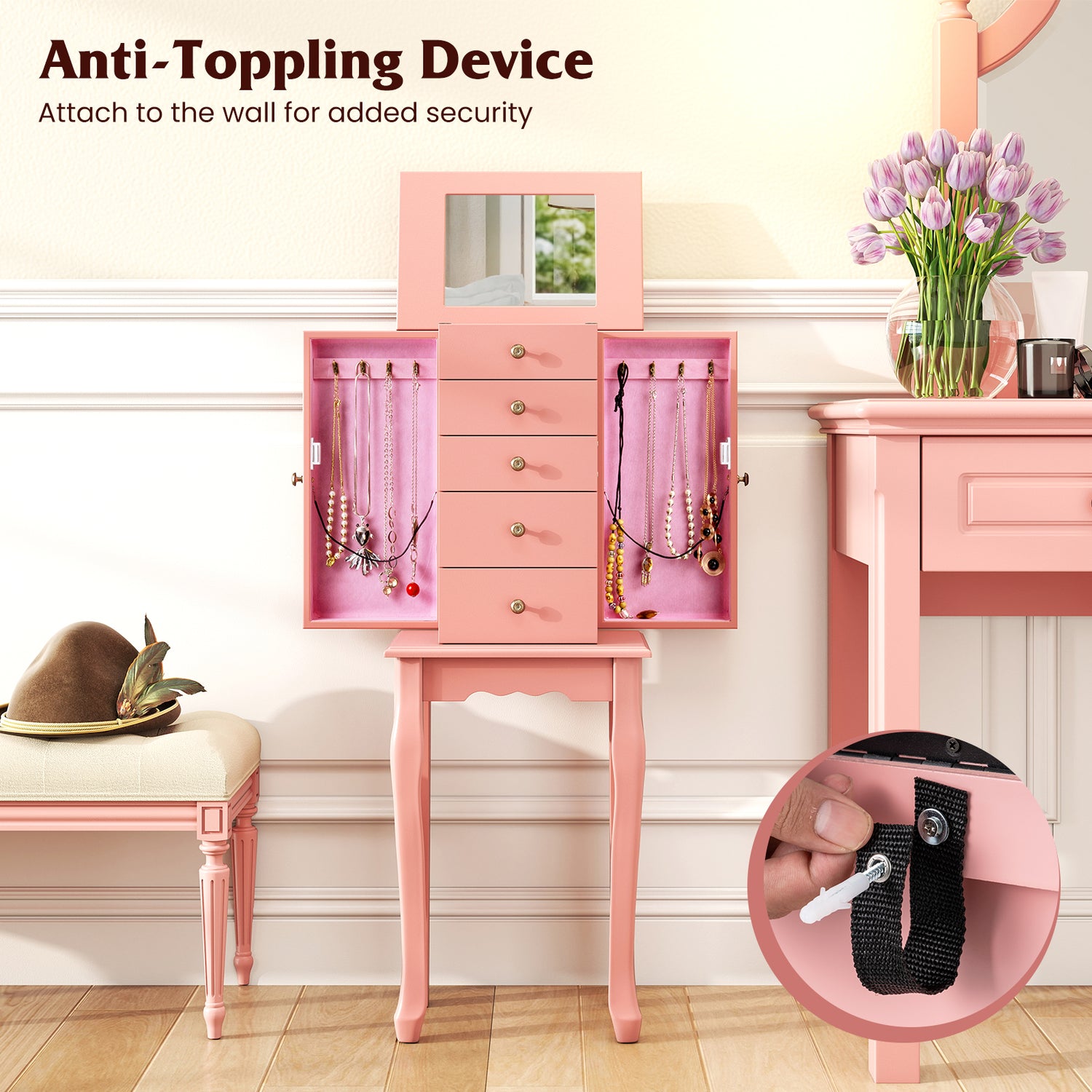 2 Colors Armoire Storage Standing Jewelry Cabinet with Mirror