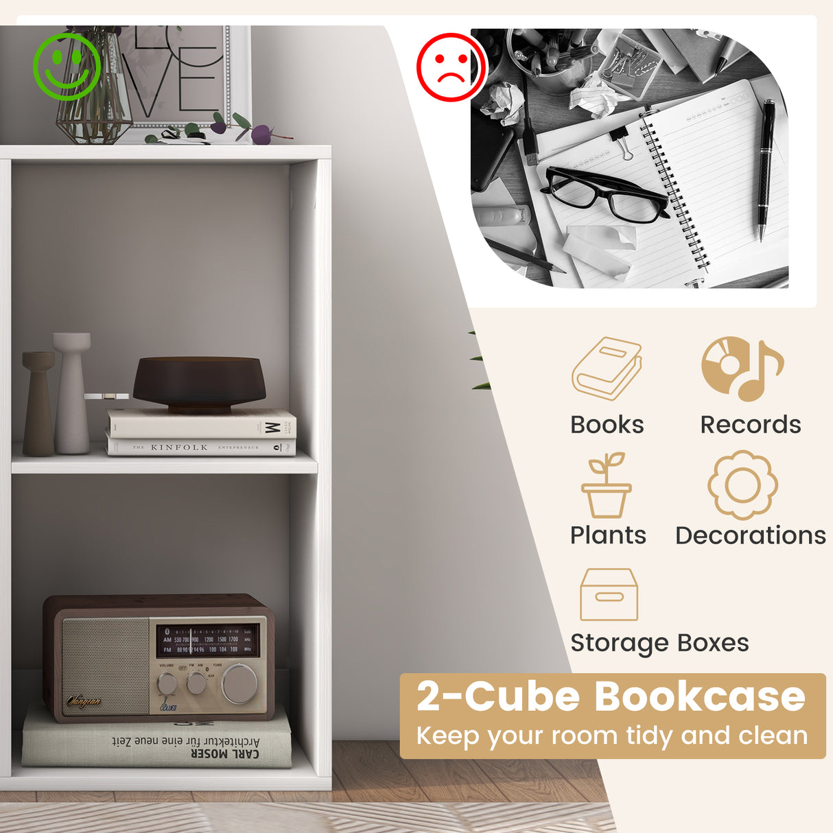 2 Cube Bookshelf with Back Guardrail for Living Room Bedroom-White