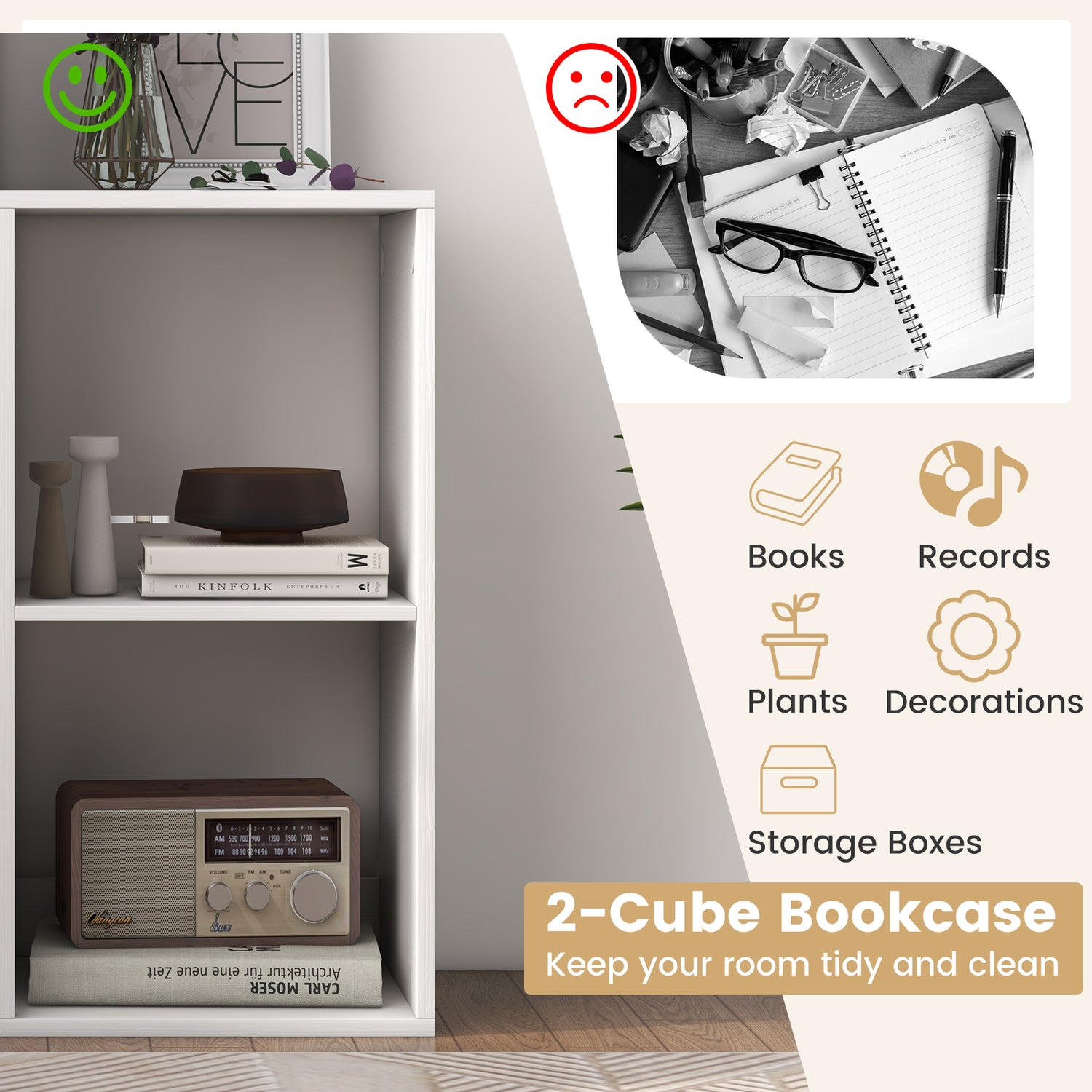 2 Cube Bookshelf with Back Guardrail for Living Room Bedroom-White