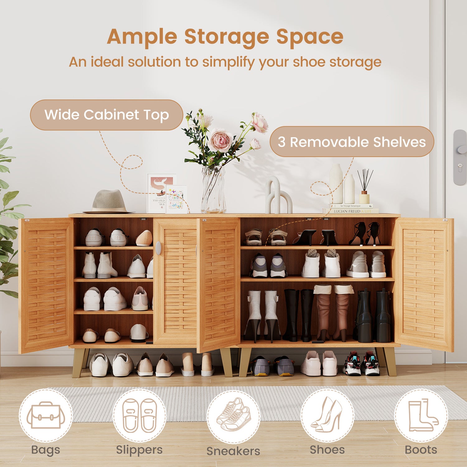 2-Door 4-Tier Shoe Cabinet Storage Organizer with Ventilated Woven Doors-Teak