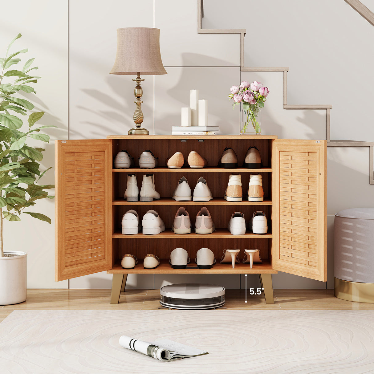 2-Door 4-Tier Shoe Cabinet Storage Organizer with Ventilated Woven Doors-Teak