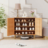 2-Door 4-Tier Shoe Cabinet Storage Organizer with Ventilated Woven Doors-Teak