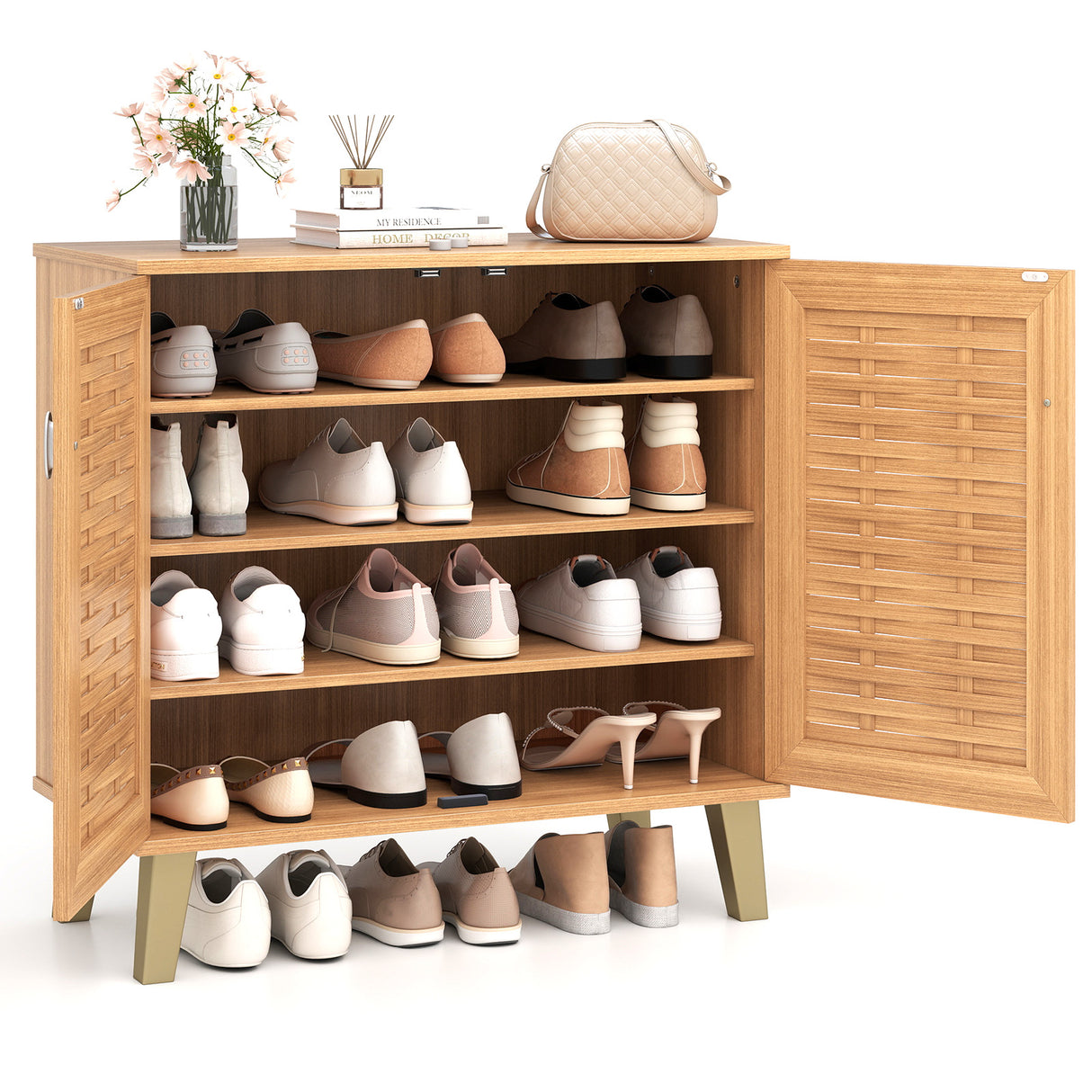 2-Door 4-Tier Shoe Cabinet Storage Organizer with Ventilated Woven Doors-Teak