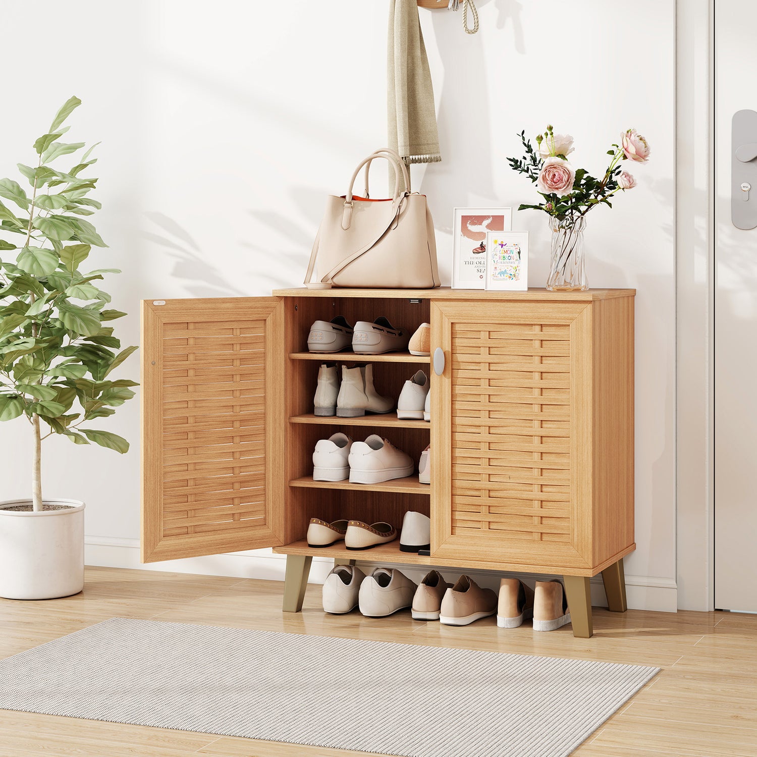 2-Door 4-Tier Shoe Cabinet Storage Organizer with Ventilated Woven Doors-Teak