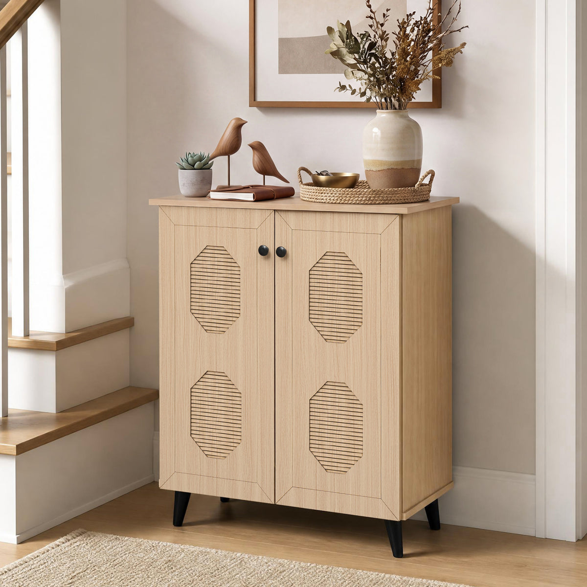 2âDoor GeometricâStyle Storage Cabinet Freestanding Footwear Organizer with Stylish Carved Panels-Natural