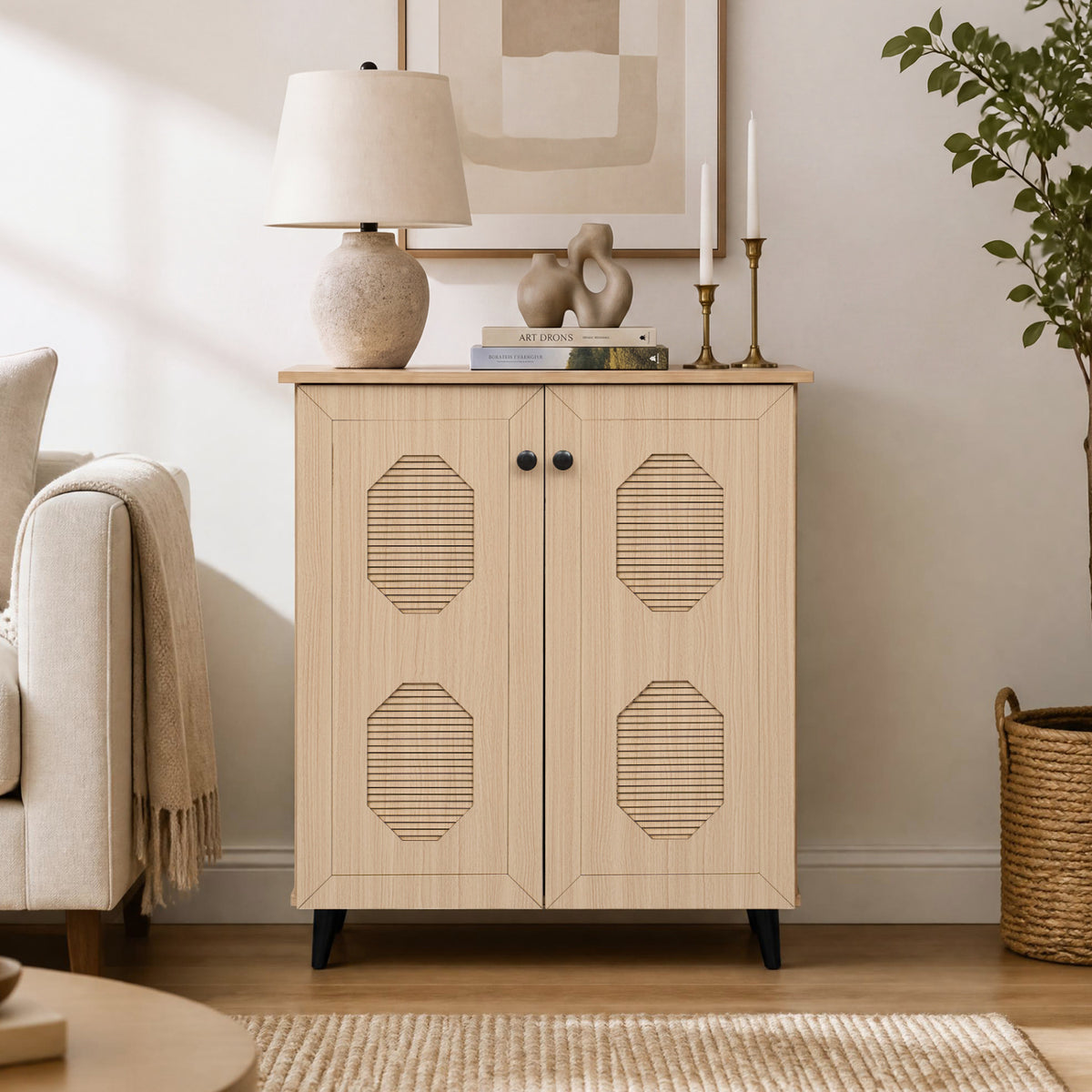 2âDoor GeometricâStyle Storage Cabinet Freestanding Footwear Organizer with Stylish Carved Panels-Natural