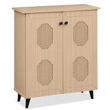 2âDoor GeometricâStyle Storage Cabinet Freestanding Footwear Organizer with Stylish Carved Panels-Natural