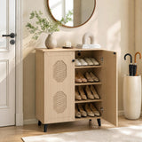2âDoor GeometricâStyle Storage Cabinet Freestanding Footwear Organizer with Stylish Carved Panels-Natural