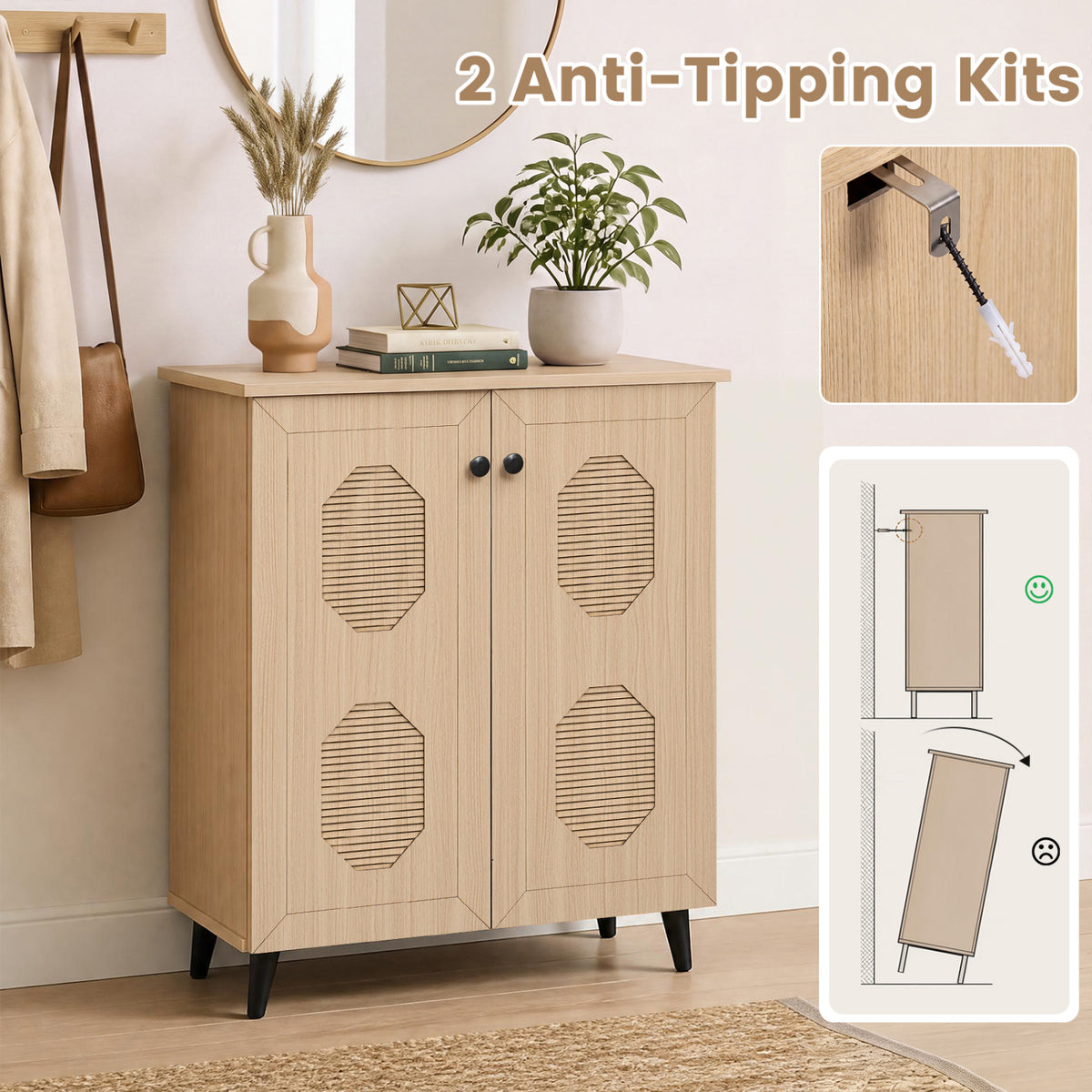 2âDoor GeometricâStyle Storage Cabinet Freestanding Footwear Organizer with Stylish Carved Panels-Natural