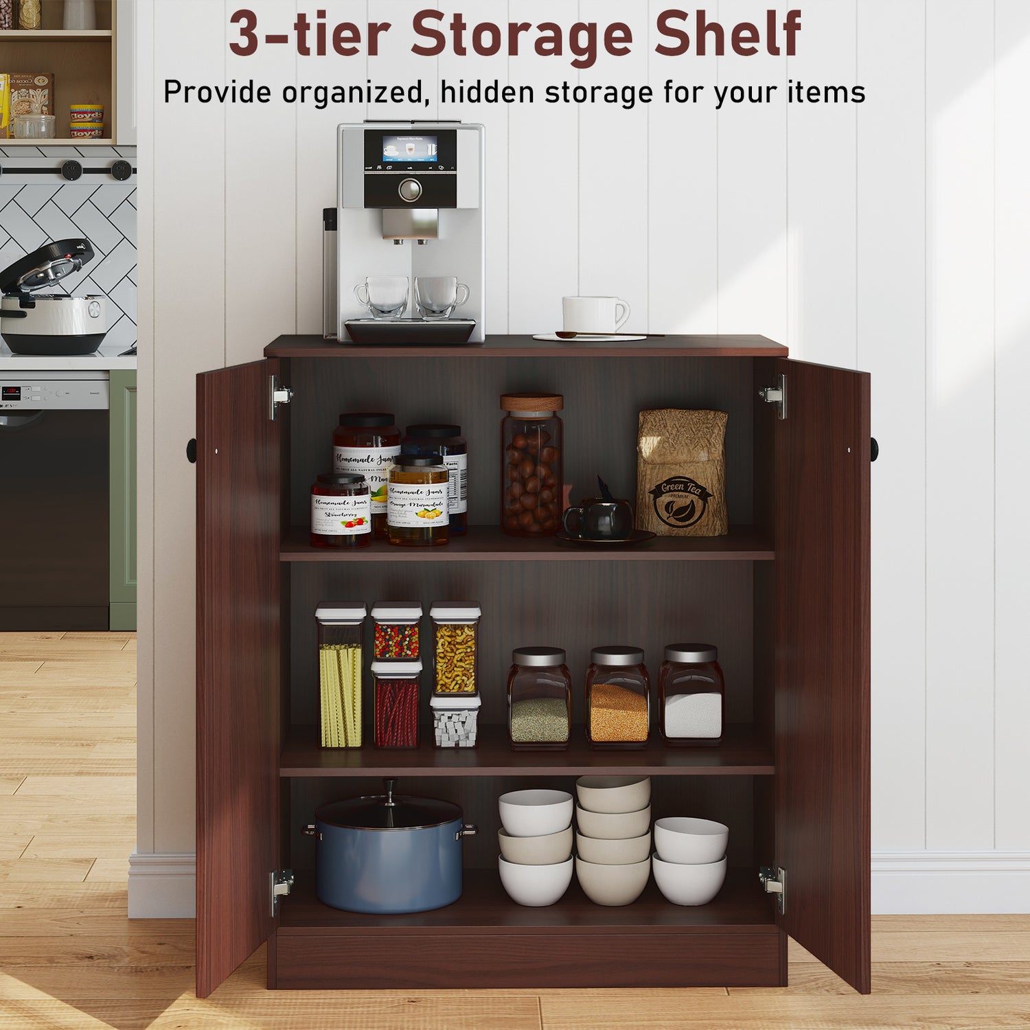 2-Door Modern Floor Storage Cabinet with 3-Tier Shelf