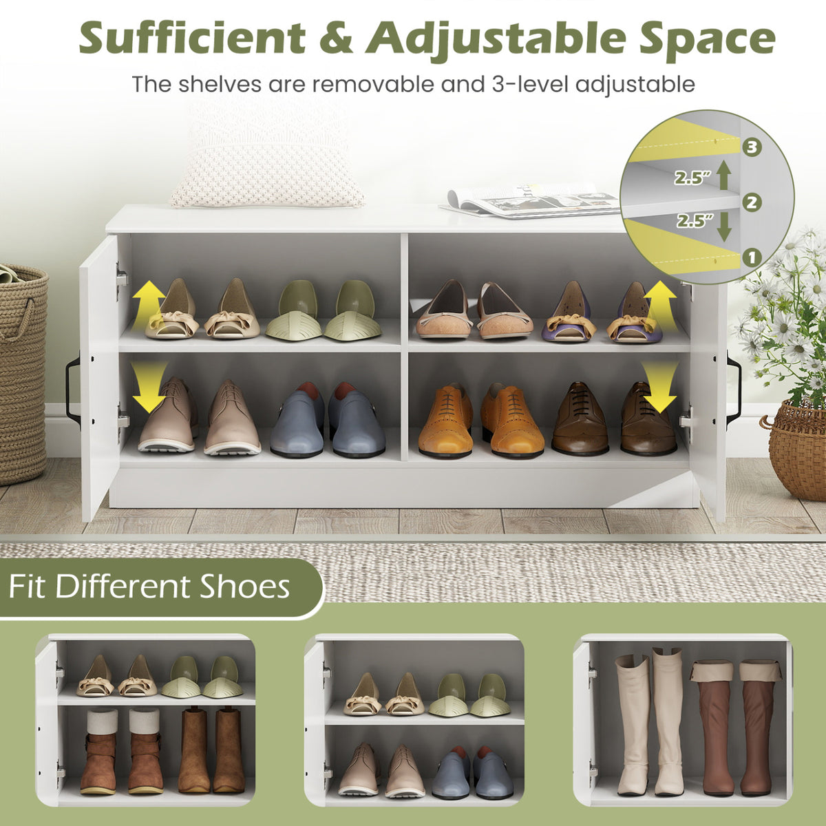 2-Door Shoe Bench Shoe Storage Cabinet with Adjustable Shelves