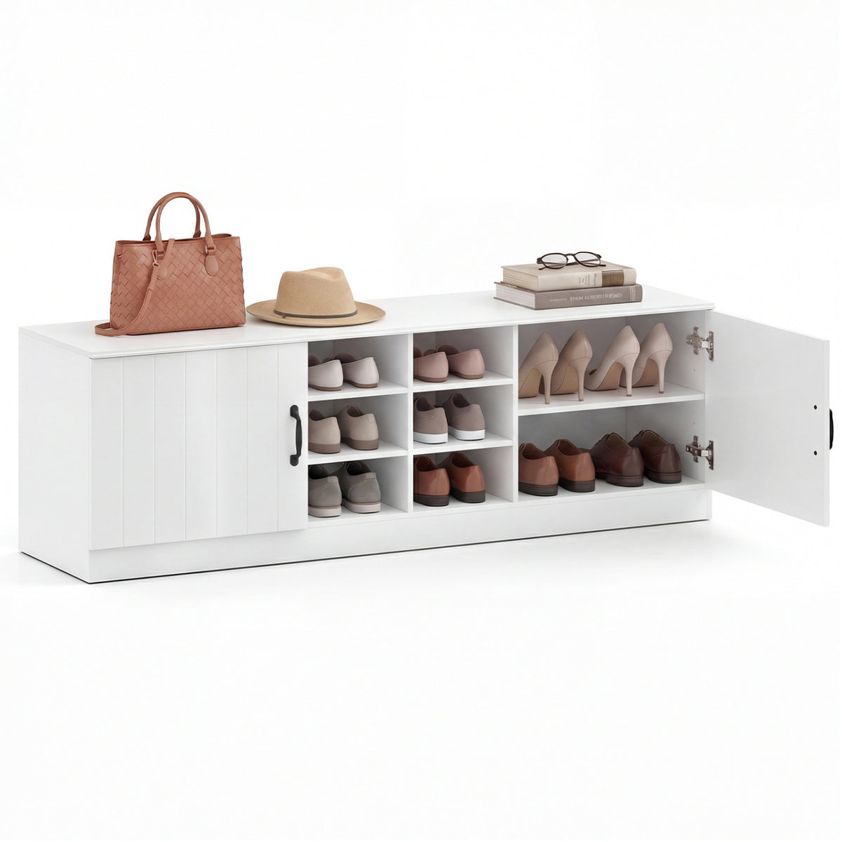 2-Door Shoe Bench Storage Cabinet with Adjustable Shelves