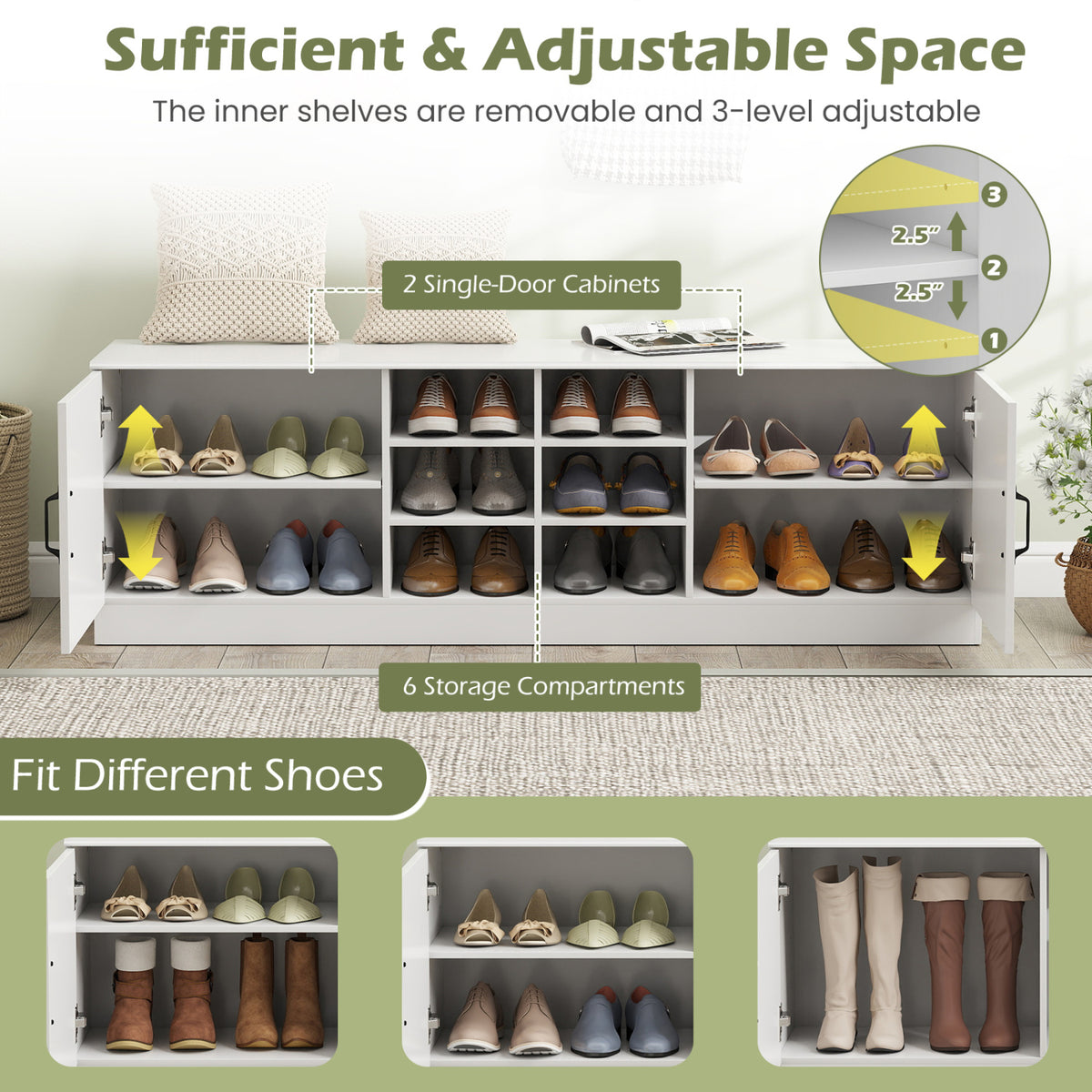 2-Door Shoe Bench Storage Cabinet with Adjustable Shelves