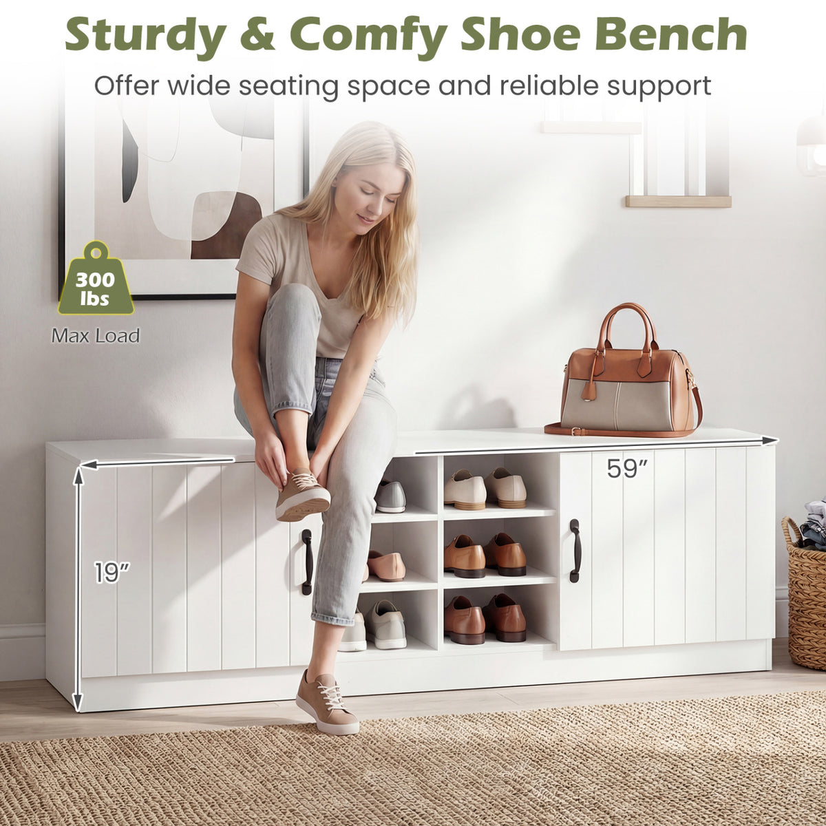 2-Door Shoe Bench Storage Cabinet with Adjustable Shelves