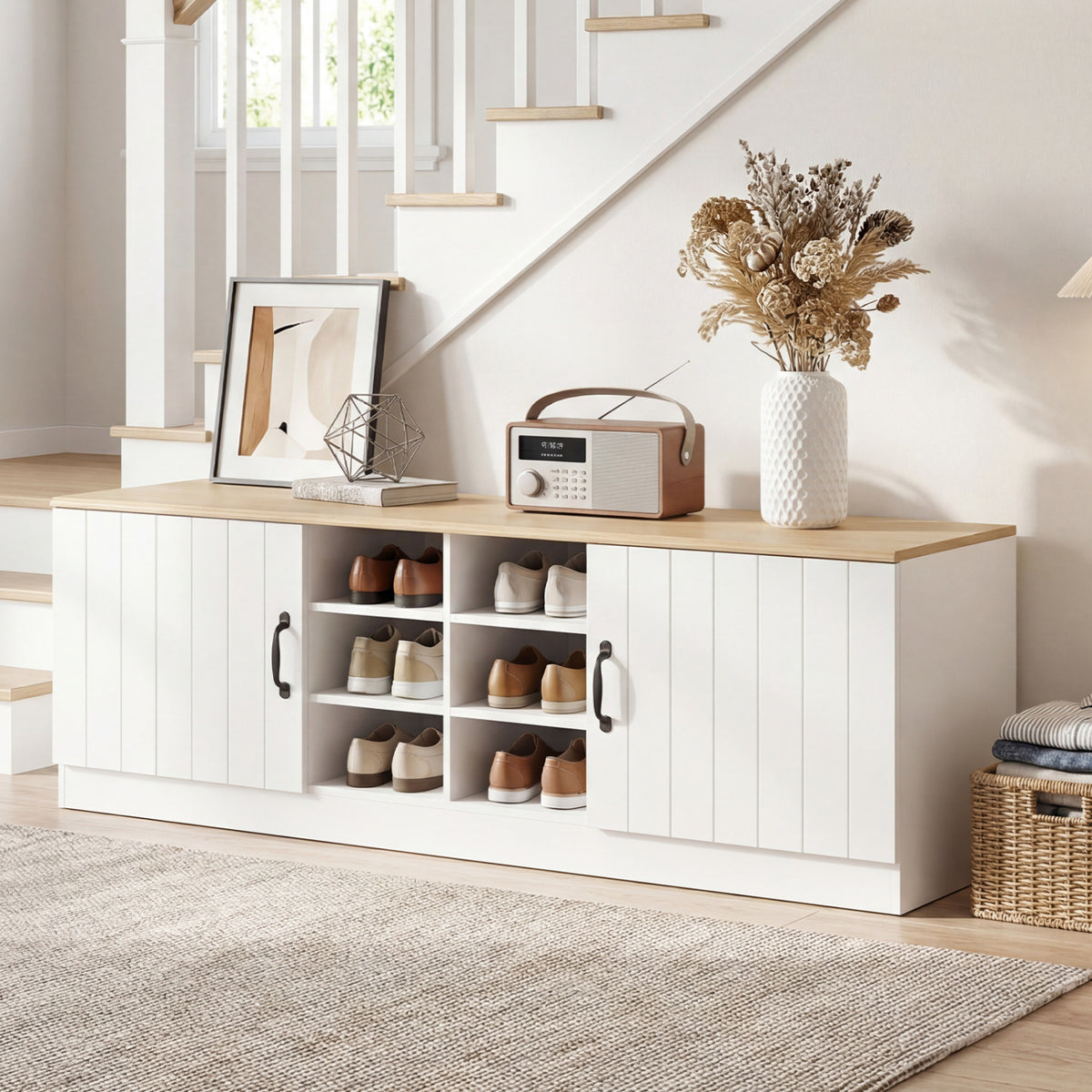 2-Door Shoe Bench Storage Cabinet with Adjustable Shelves
