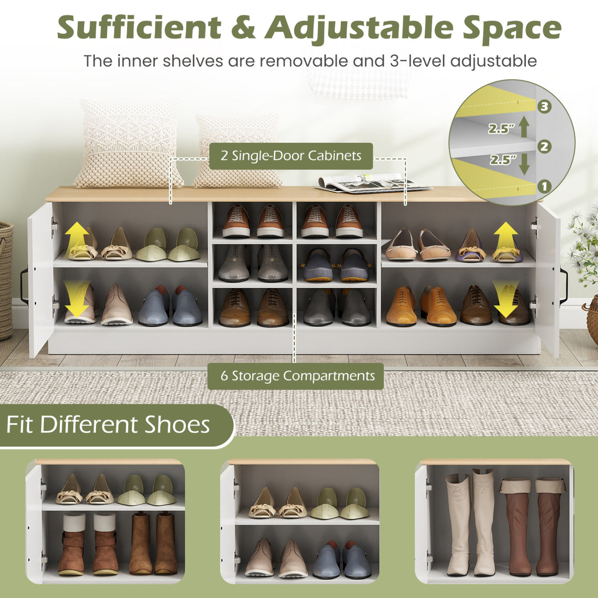 2-Door Shoe Bench Storage Cabinet with Adjustable Shelves