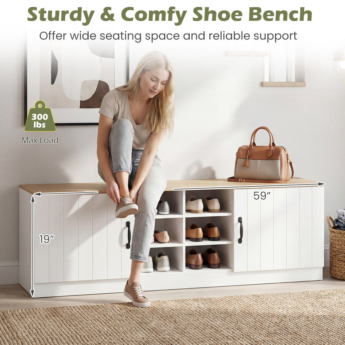 2-Door Shoe Bench Storage Cabinet with Adjustable Shelves