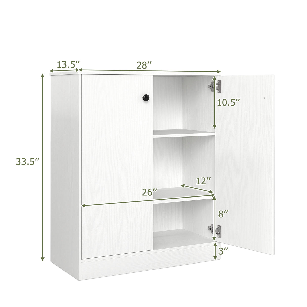 2 Door Storage Base Cabinet with 3-Tier Shelf-White