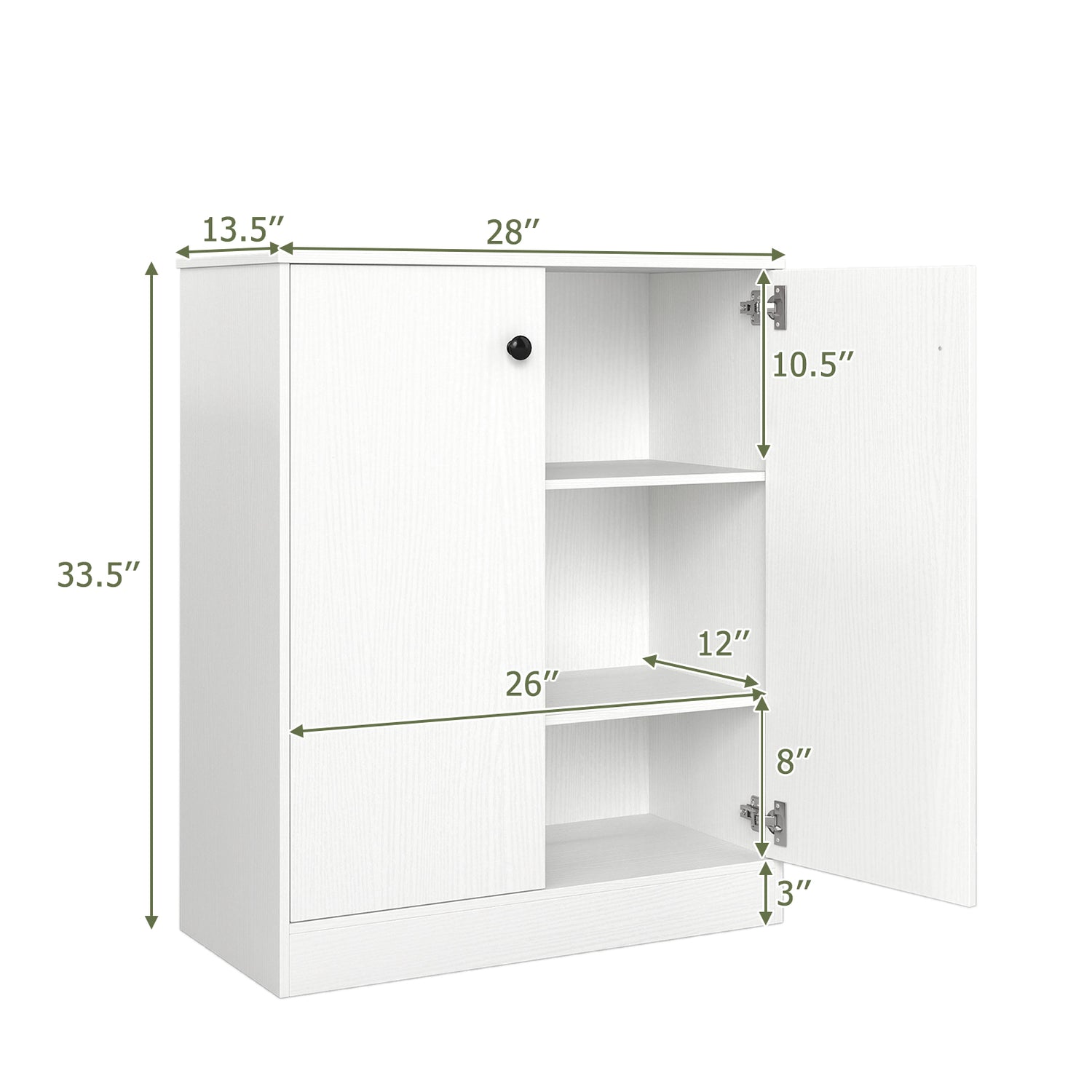2 Door Storage Base Cabinet with 3-Tier Shelf-White