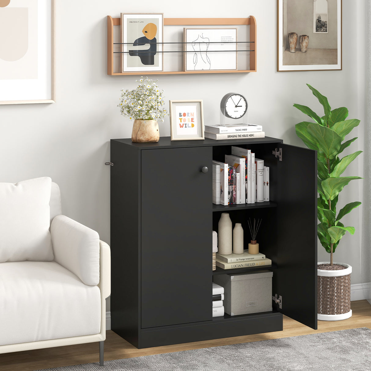 2-Door Modern Floor Storage Cabinet with 3-Tier Shelf