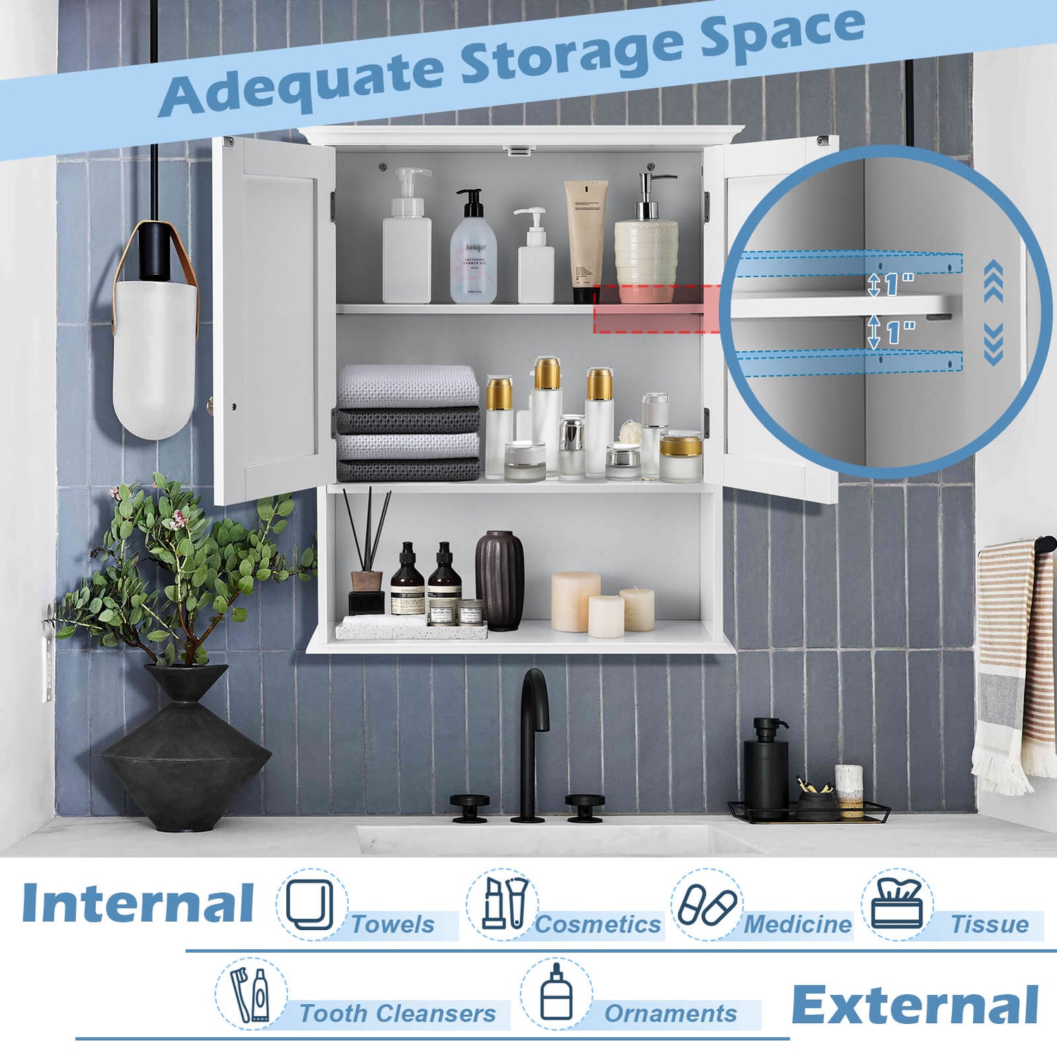 Wall Mount Bathroom Cabinet Storage Organizer with Doors and Shelves