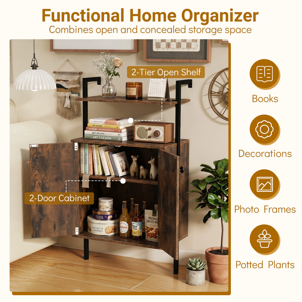 2-Door Wall Mount Bookshelf with Storage Cabinet
