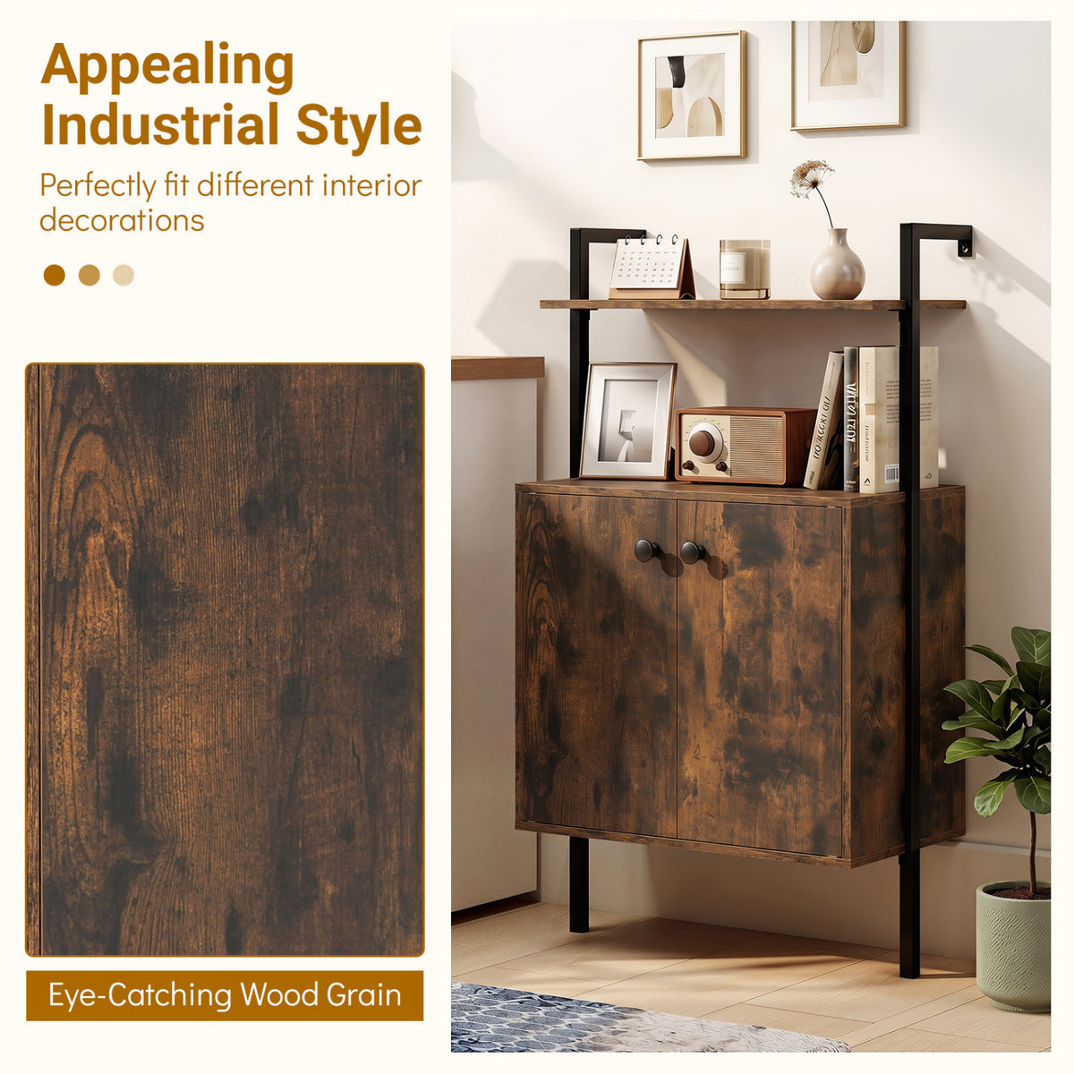 2-Door Wall Mount Bookshelf with Storage Cabinet
