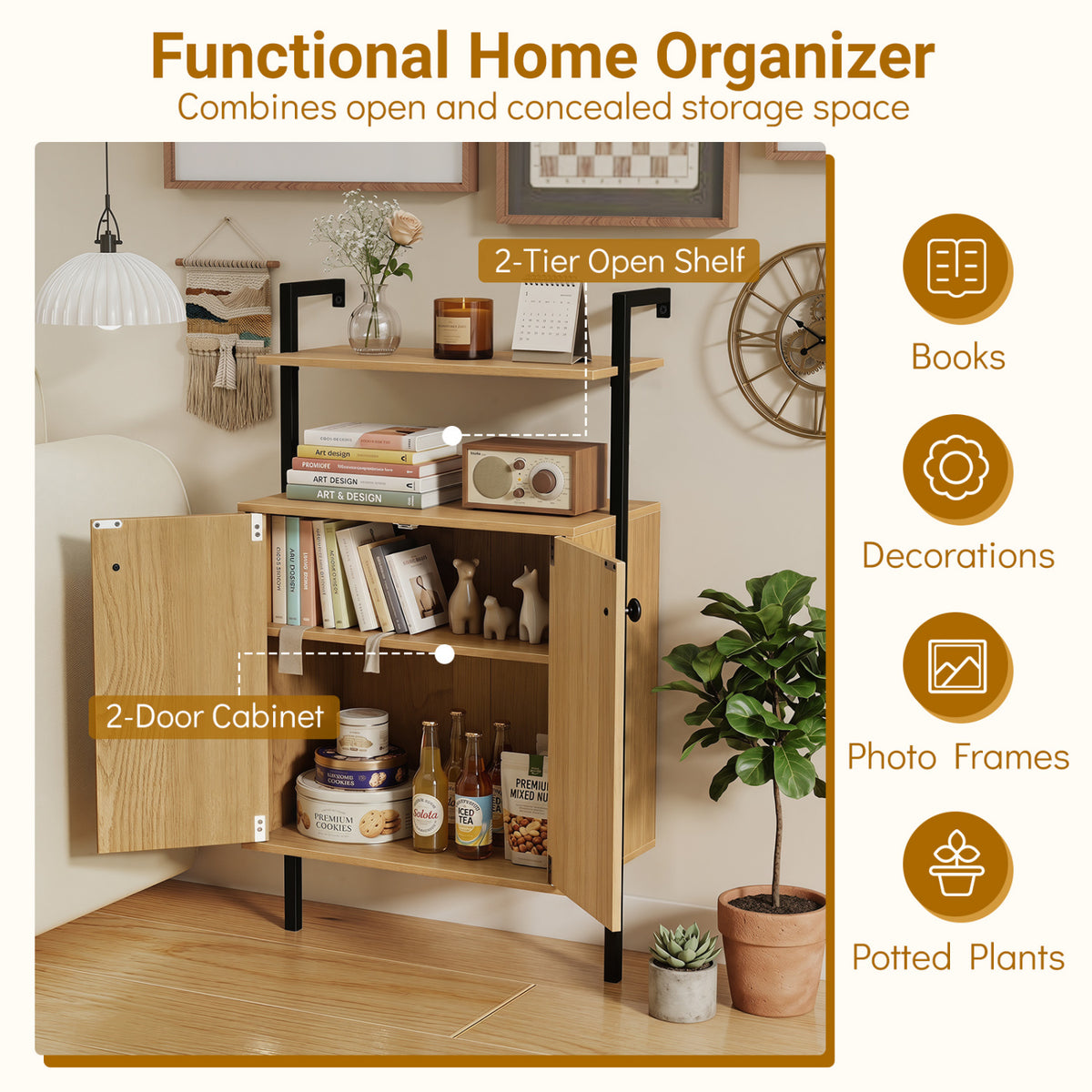 2-Door Wall Mount Bookshelf with Storage Cabinet