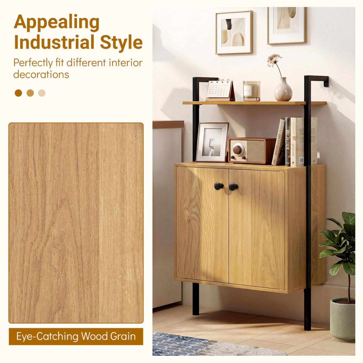2-Door Wall Mount Bookshelf with Storage Cabinet