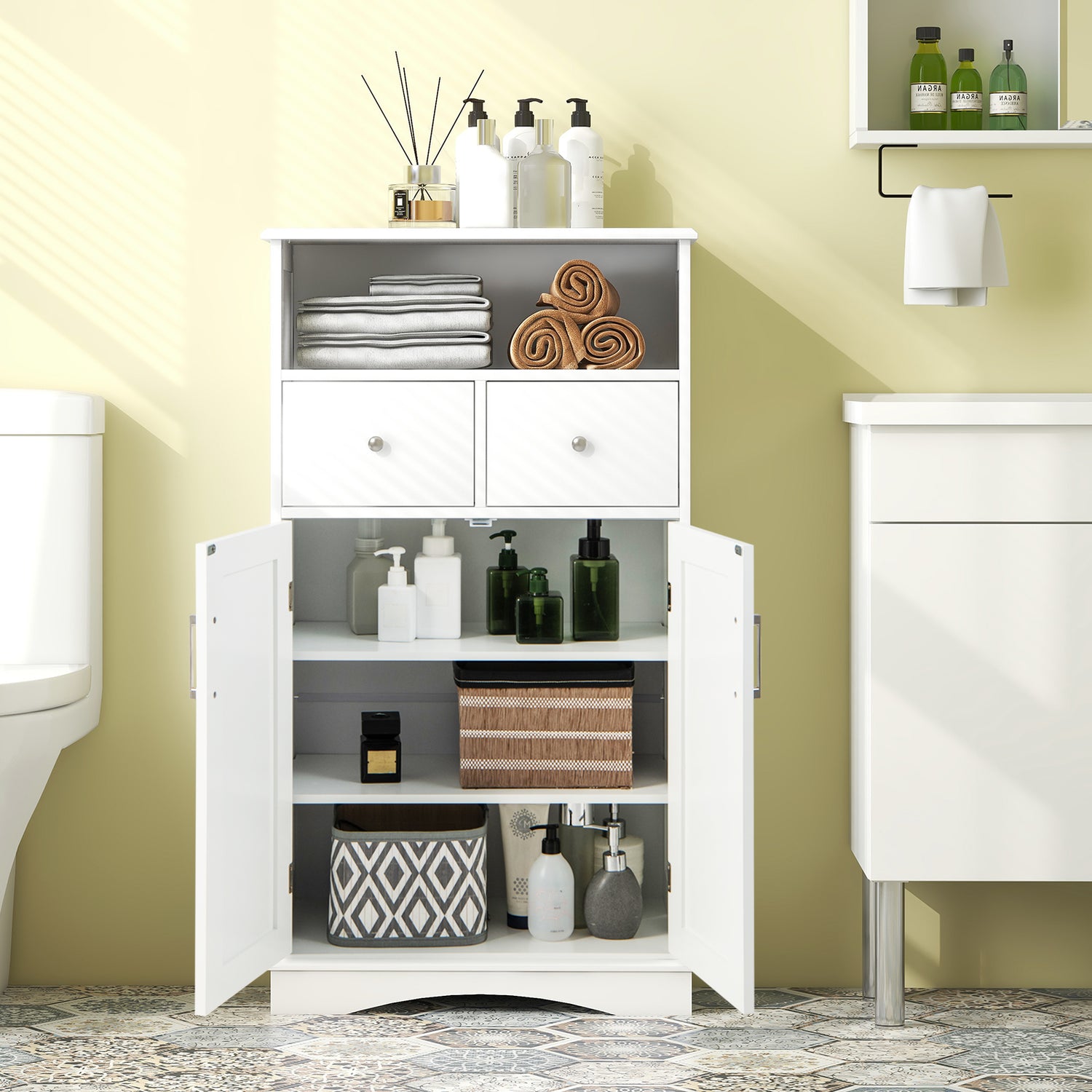 2 Doors Freeestanding Bathroom Floor Cabinet with 2 Drawers and Adjustable Shelves-White
