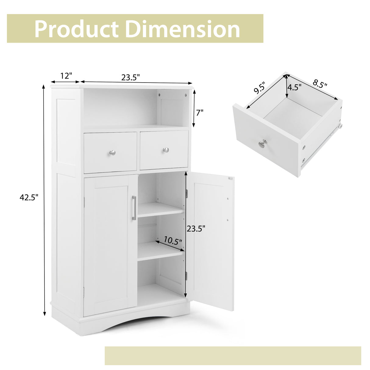 2 Doors Freeestanding Bathroom Floor Cabinet with 2 Drawers and Adjustable Shelves-White