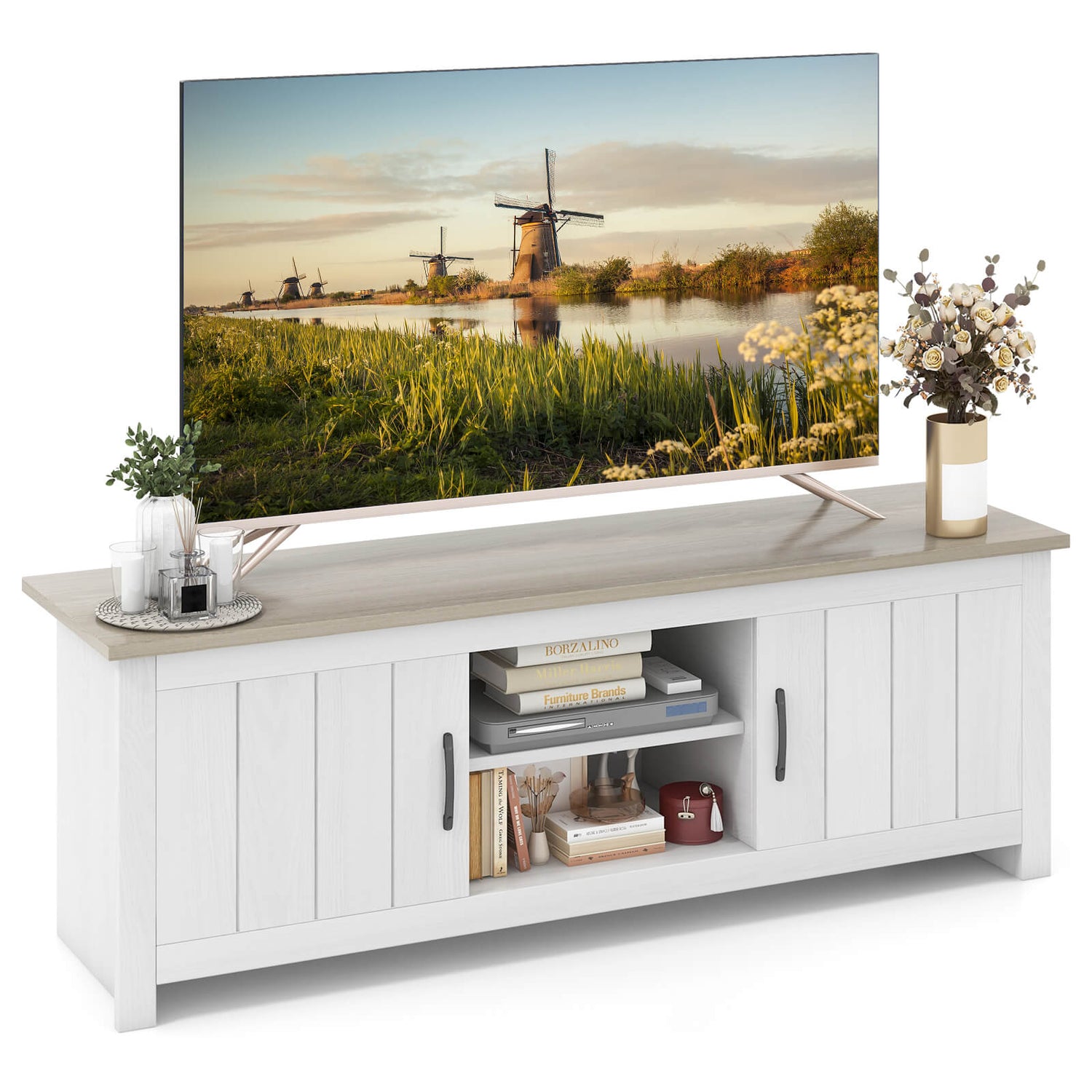 TV Stand with 2 Cabinets and Open Shelves for TVs up to 65 Inch