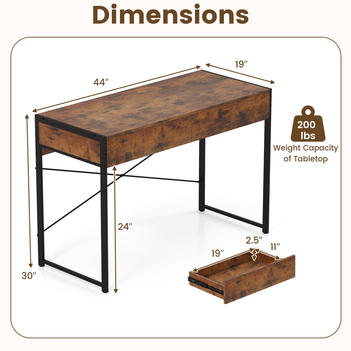2-Drawer Home Office Desk with Steel Frame