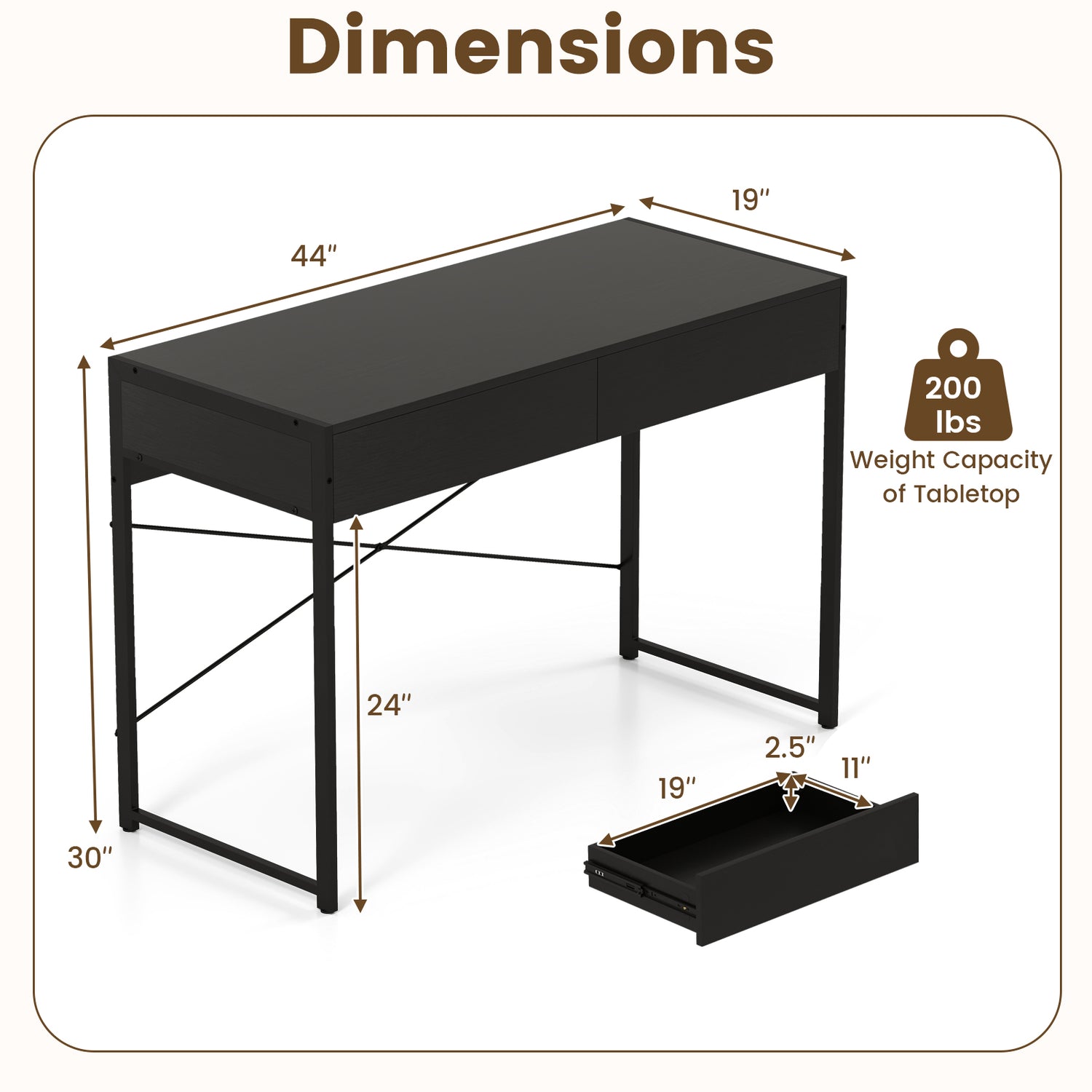 2-Drawer Home Office Desk with Steel Frame
