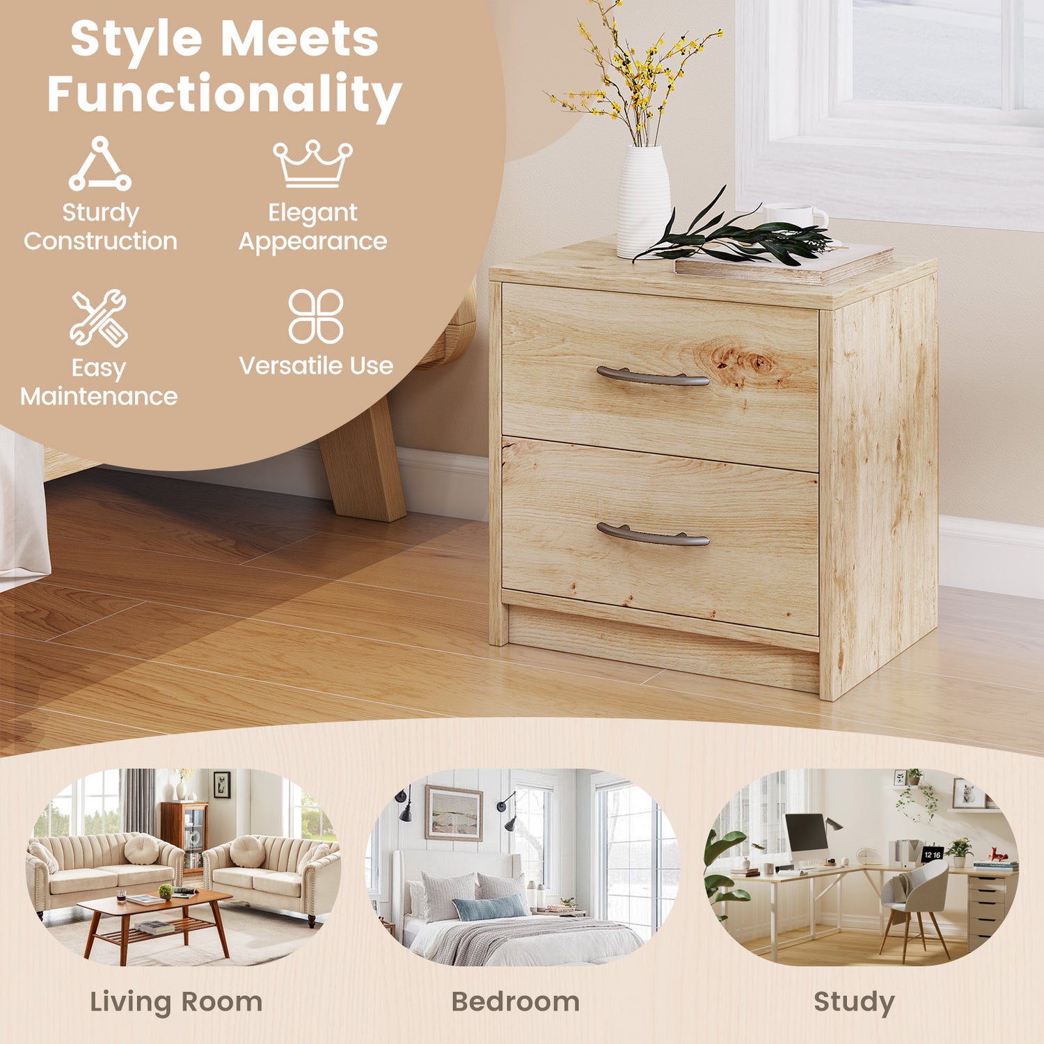 2 Drawer Nightstand with Storage for Living Room