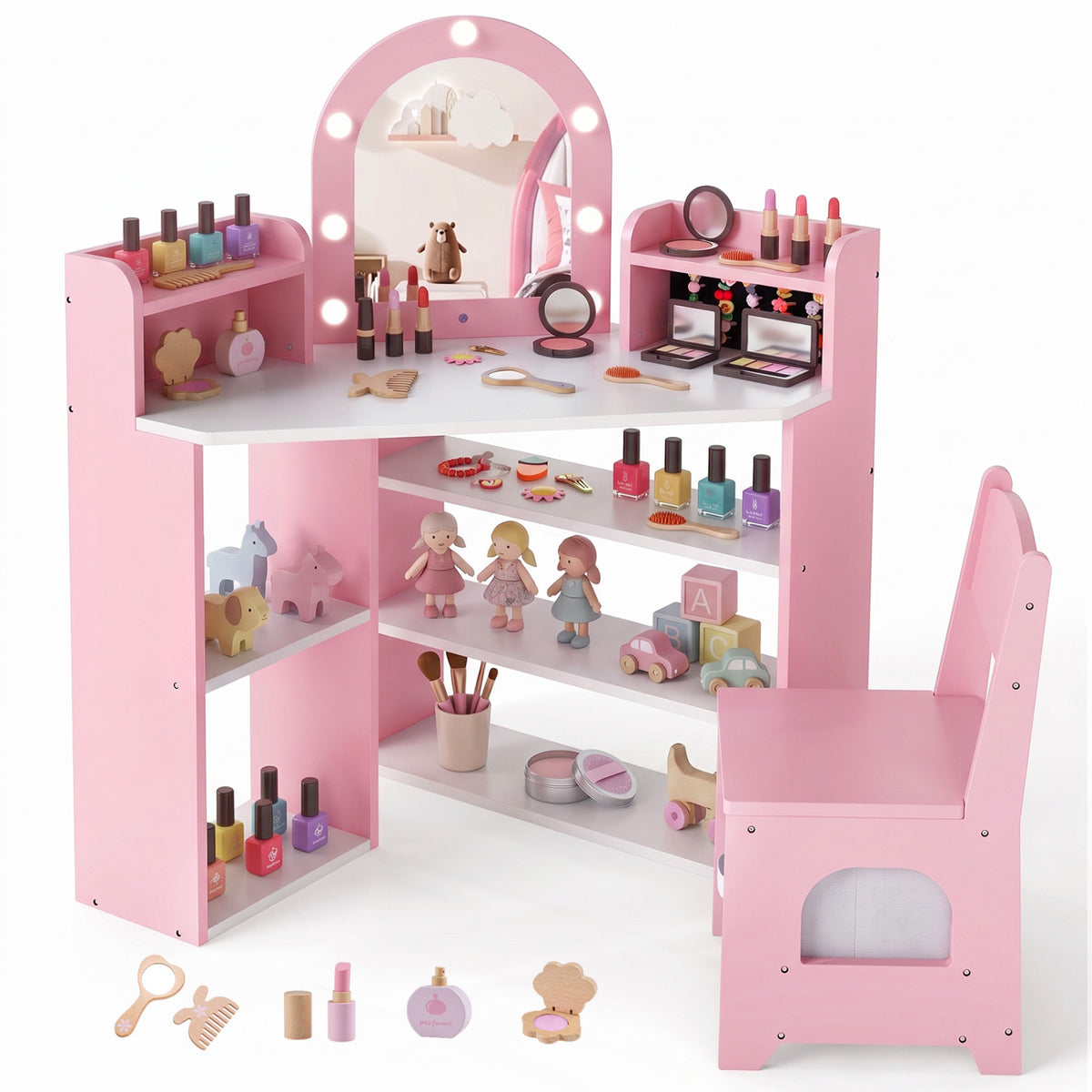 2-In-1 Kids Vanity Set with Lights for Toddlers 3+ Years Old