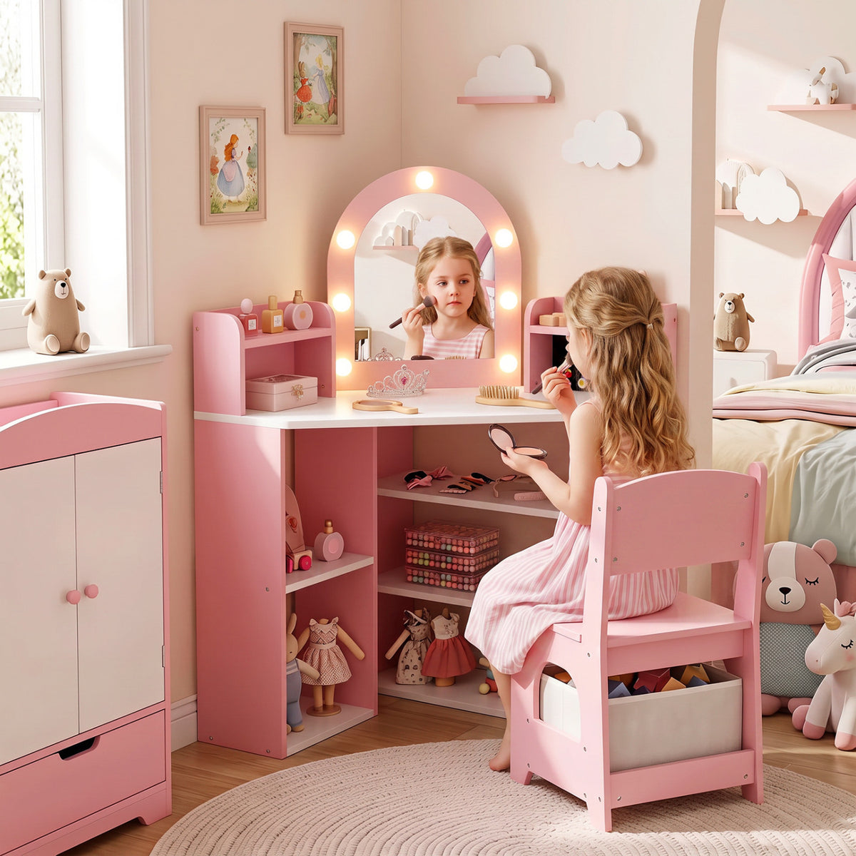 2-In-1 Kids Vanity Set with Lights for Toddlers 3+ Years Old