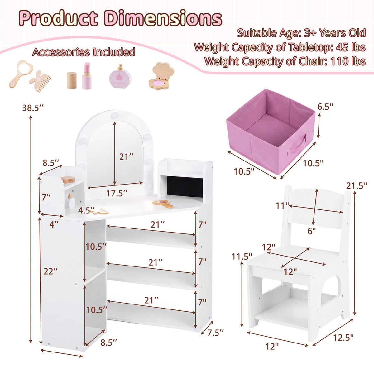 2-In-1 Kids Vanity Set with Lights for Toddlers 3+ Years Old