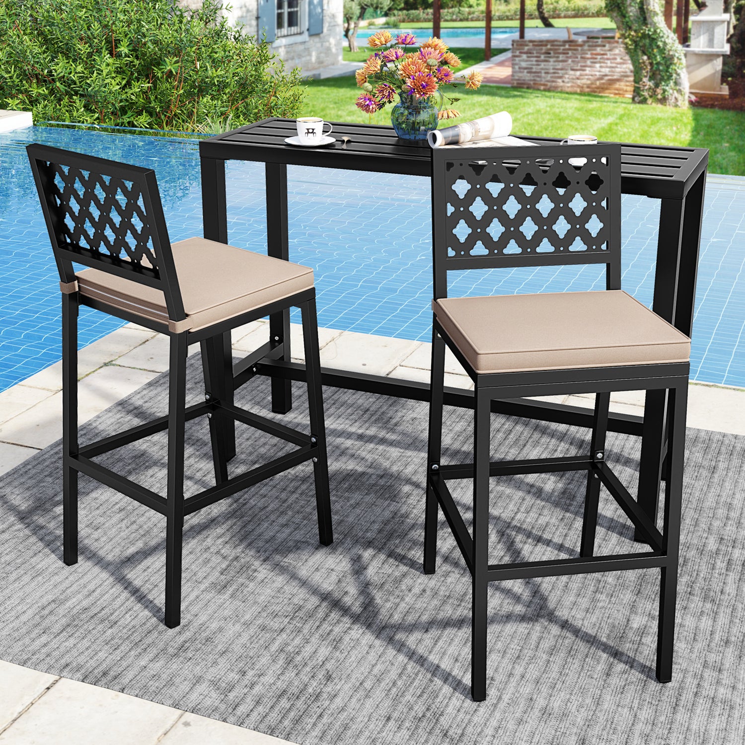 Set of 2 Patio Bar Chairs with Detachable Cushion and Footrest