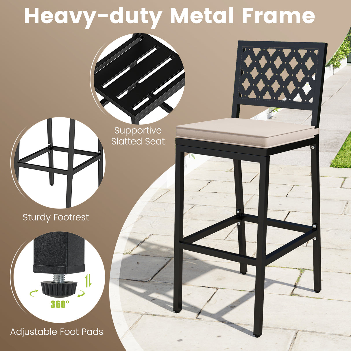 Set of 2 Patio Bar Chairs with Detachable Cushion and Footrest