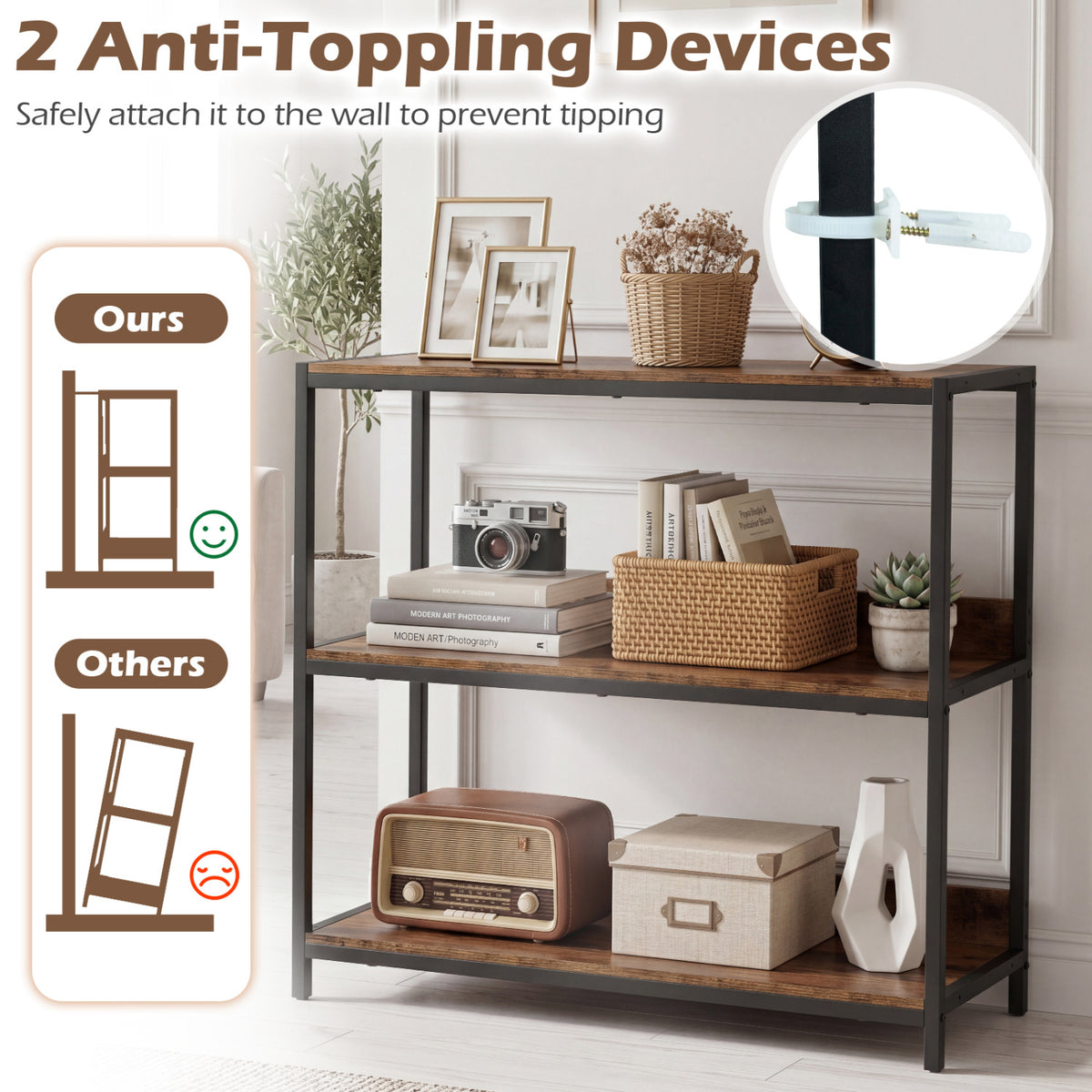 2-Pack 3-Tier Industrial Bookshelf with Metal Frame-Rustic Brown